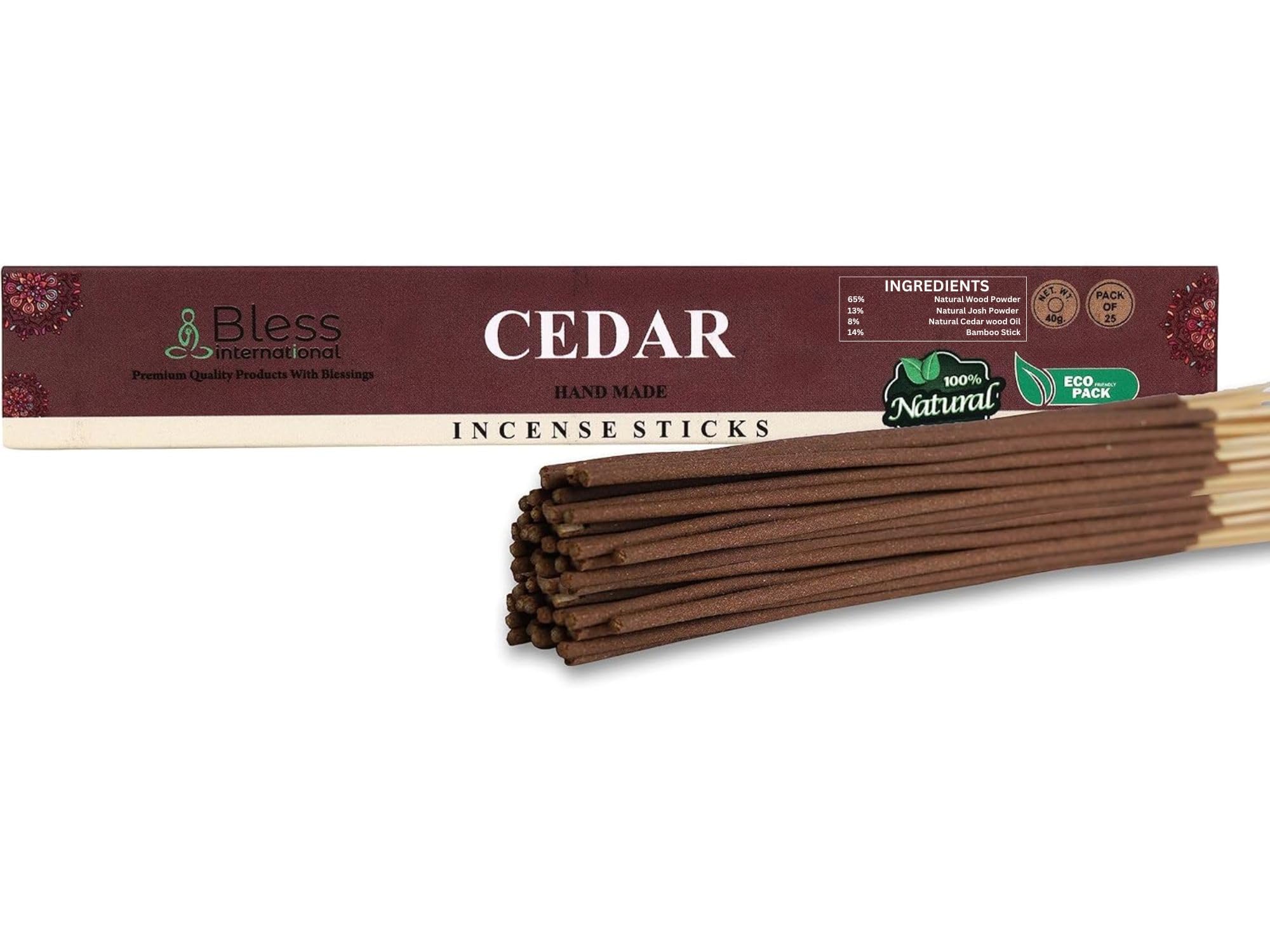 Bless-CEDAR-Incense-Sticks 100%-Natural-Handmade-Hand-Dipped-Incense-Sticks Organic-Chemicals-Free For-Purification-Relaxation-Positivity-Yoga-Meditation The-Best-Woods-Scent (25 Sticks (40GM))