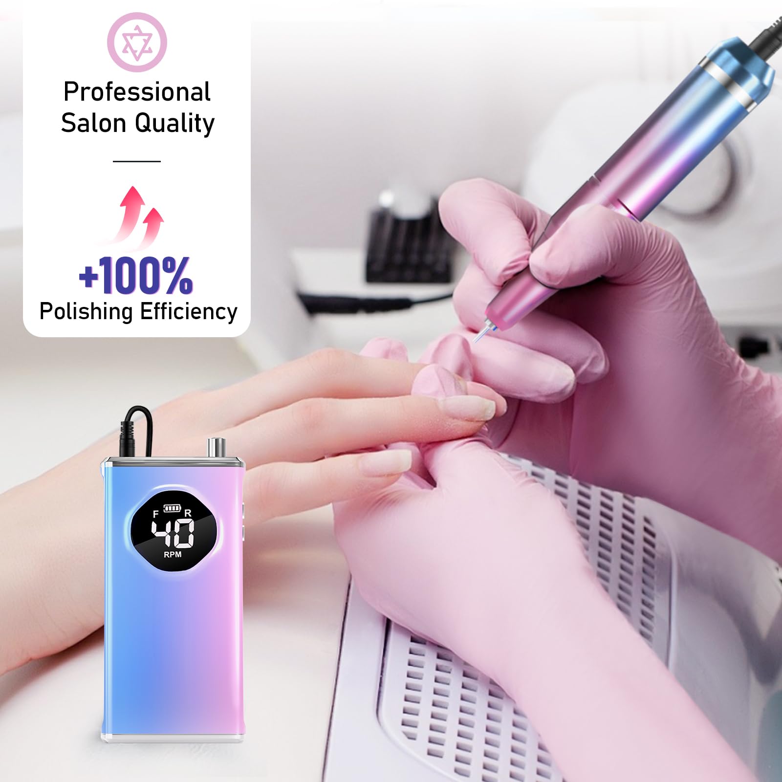 Electric Nail Drill File Professional 40000 RPM, Melodly Rechargeable Electric Nail File Machine Kit for Acrylic Gel Nails Polishing Removing, Portable Cordless Efile with Gold Bits Kit at Salon Home - Image 5
