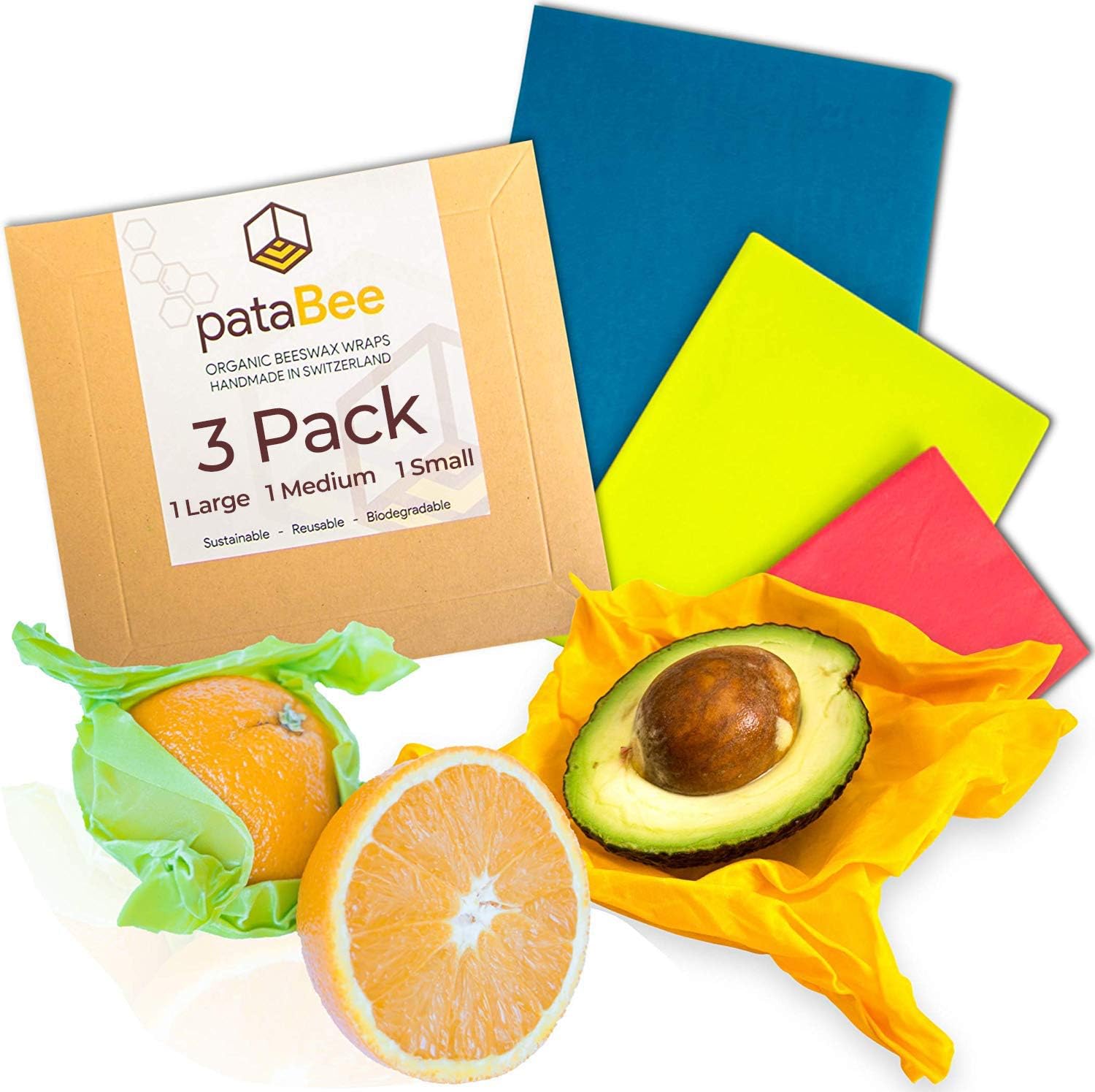 Beeswax Wrap Reusable Food Wrap - Handmade in Switzerland - PataBee Reduce Plastic to Zero Waste - Organic, Sustainable,Eco-Friendly and Biodegradable Storage Wraps (1 Large, 1 Medium, 1 Small)