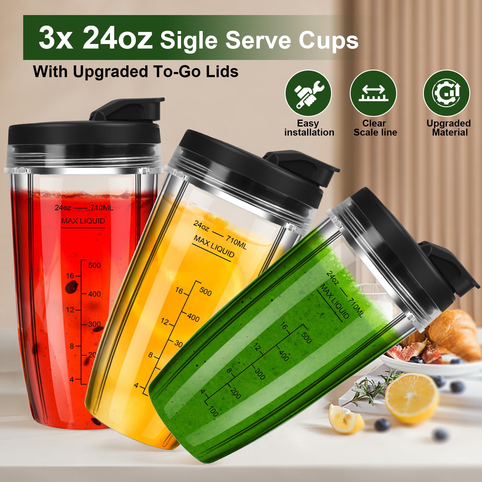 Blender Cups Replacement for Ninja, 24oz Ninja Blender Cups with To-Go Lids Compatible with Ninja BN401, BL450, BL456, BL480, BL2012, BL2013, BN751, BN801, SS101, SS151 (3 Pack)