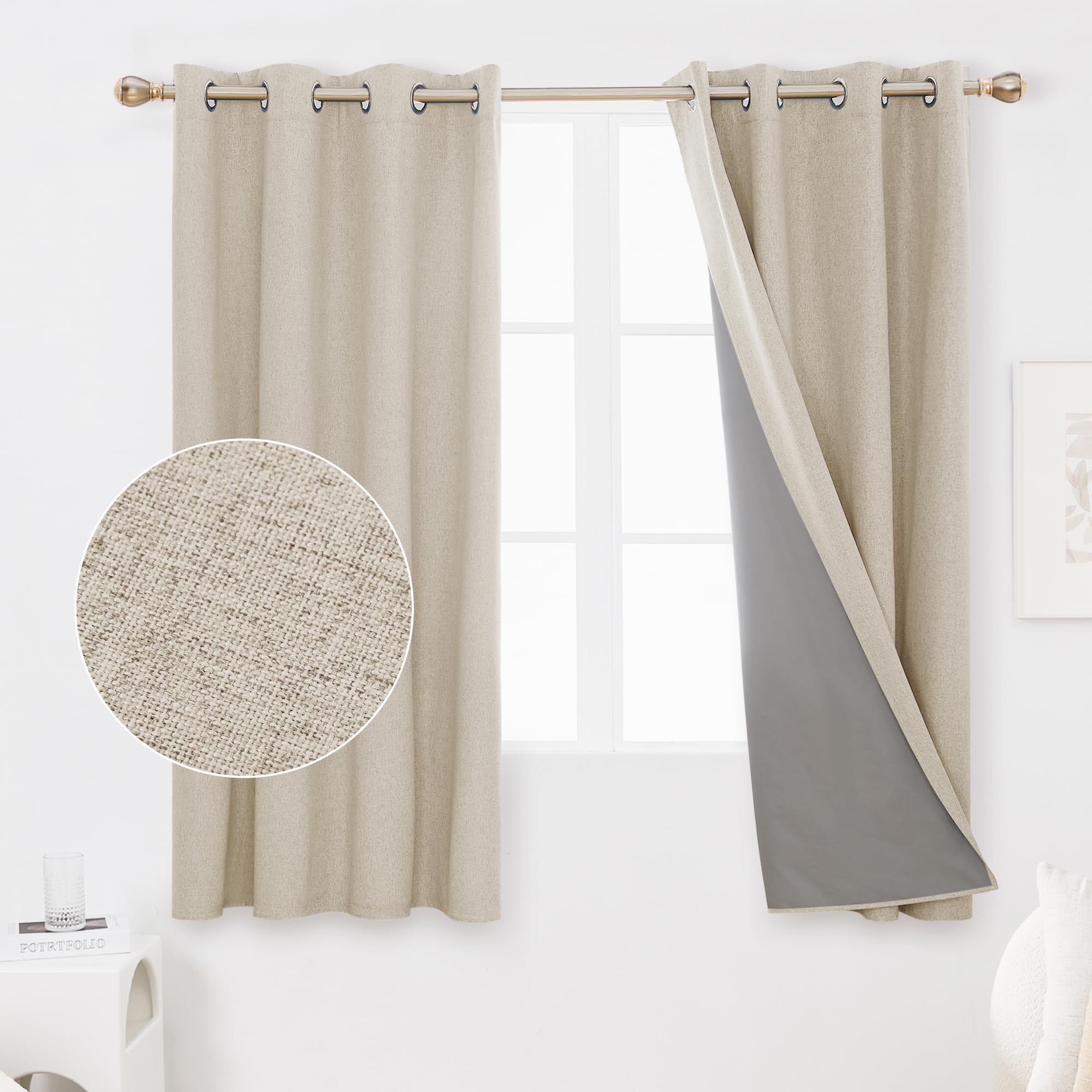 Deconovo Full Blackout Curtains with Coating Back Layer, Thermal Insulated Energy Efficiency Eyelet Curtains for Bedroom 52 x 54 Inch Light Linen 1 Pair