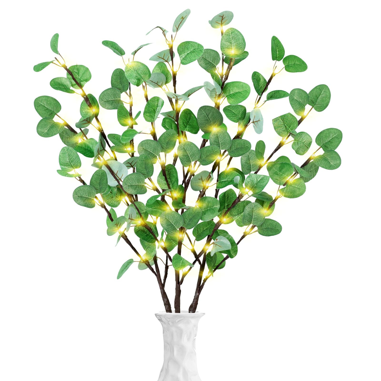 Photo 1 of Lighted Eucalyptus Branches - 30 Inch Light Up Eucalyptus Stems with 60 LED Lights, 120 Leaves, Timer Battery Operated Lighted Branches for Vases, Prelit Artificial Greenery for Home Spring Decoration