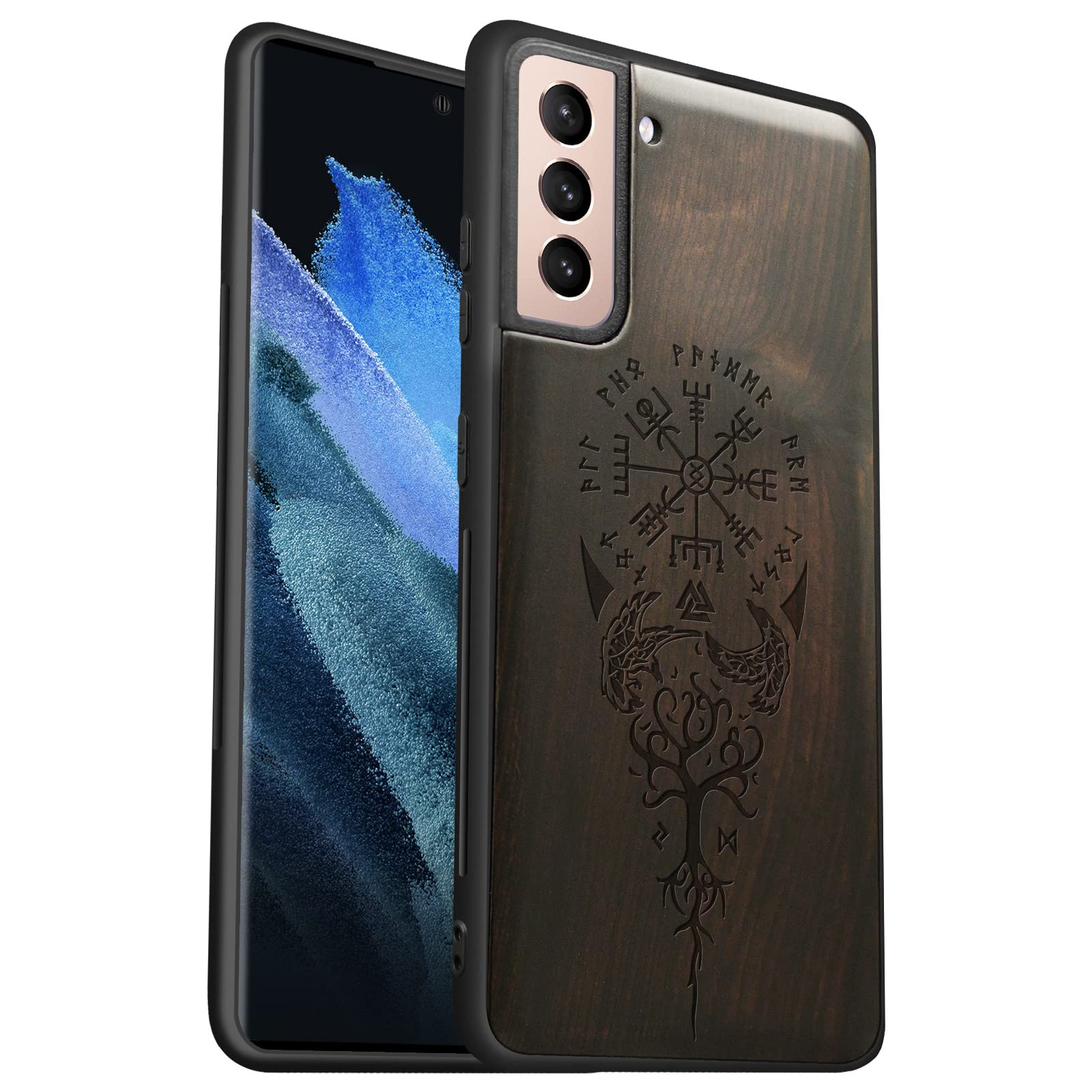 Carveit Wood Case for Galaxy S21 - Hybrid Protective Cover - Real Wood & Soft TPU - Laser Engraved Viking Compass Design - Black
