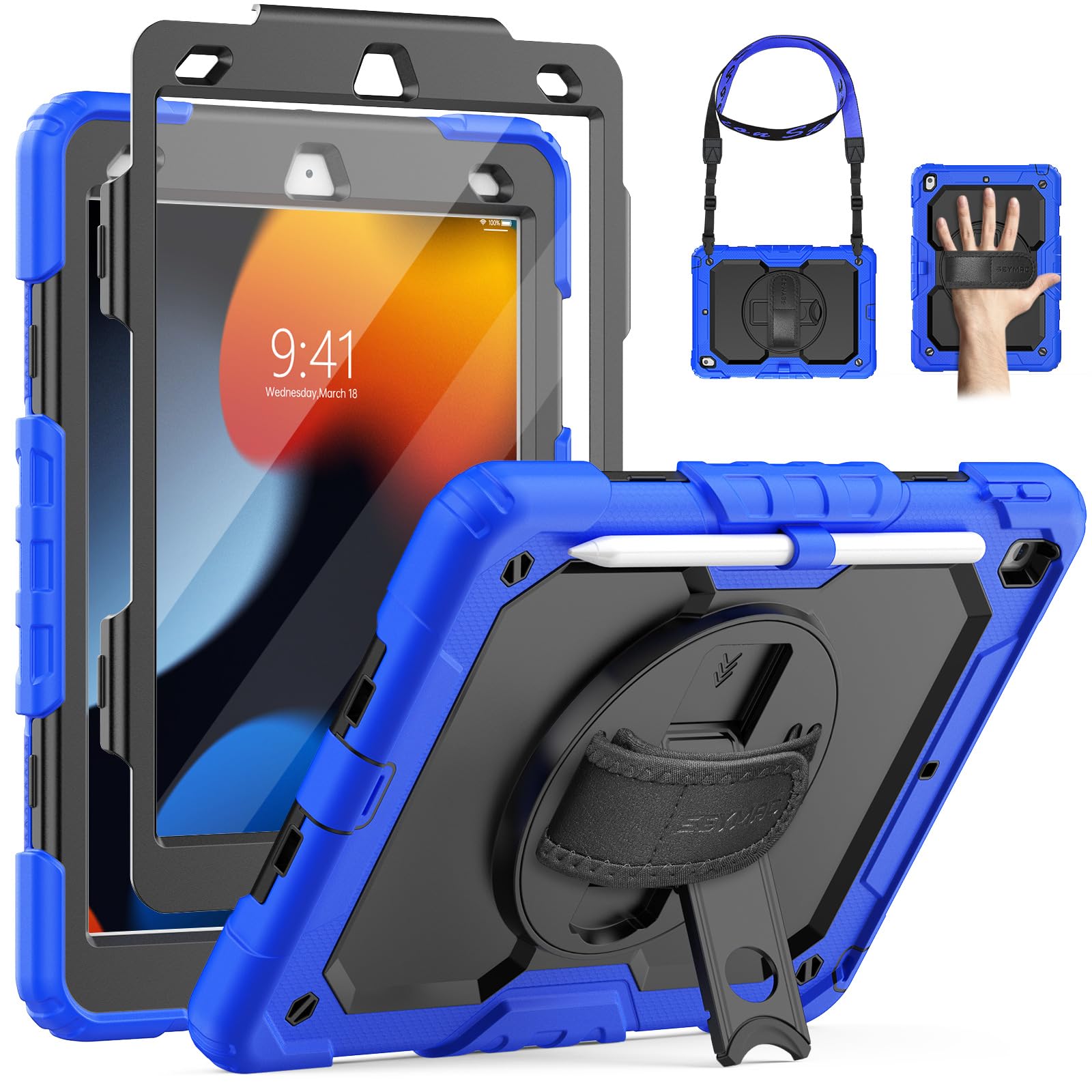 SEYMAC Case for iPad 9th/8th/7th Generation 2021/2020/2019 10.2 inch, Shockproof Case with Screen Protector, 360 Degree Rotating Stand/Hand Strap, Pen Holder for iPad 10.2 Inch, Blue โ image 1