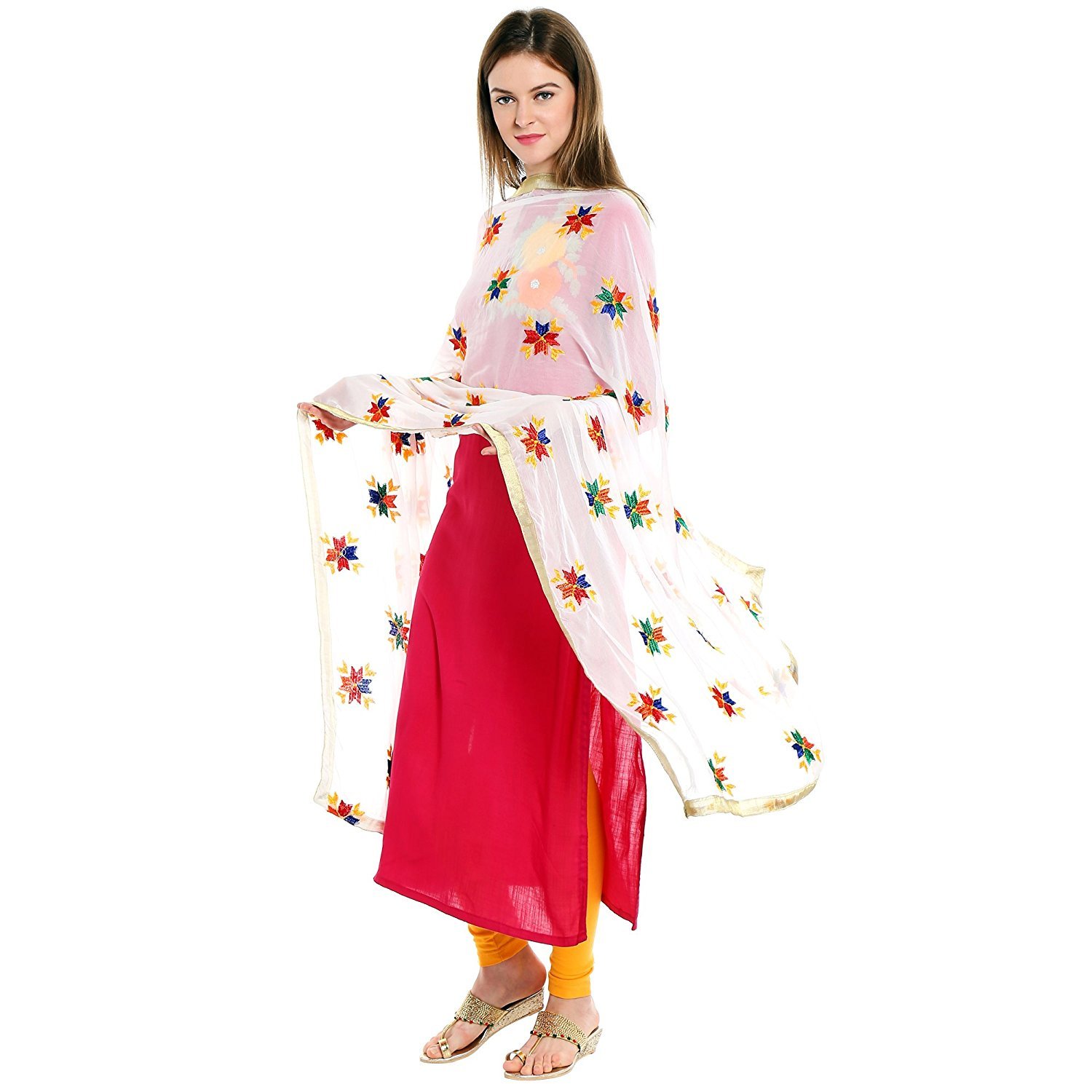 fabreca women's chiffon phulkari dupatta (white)