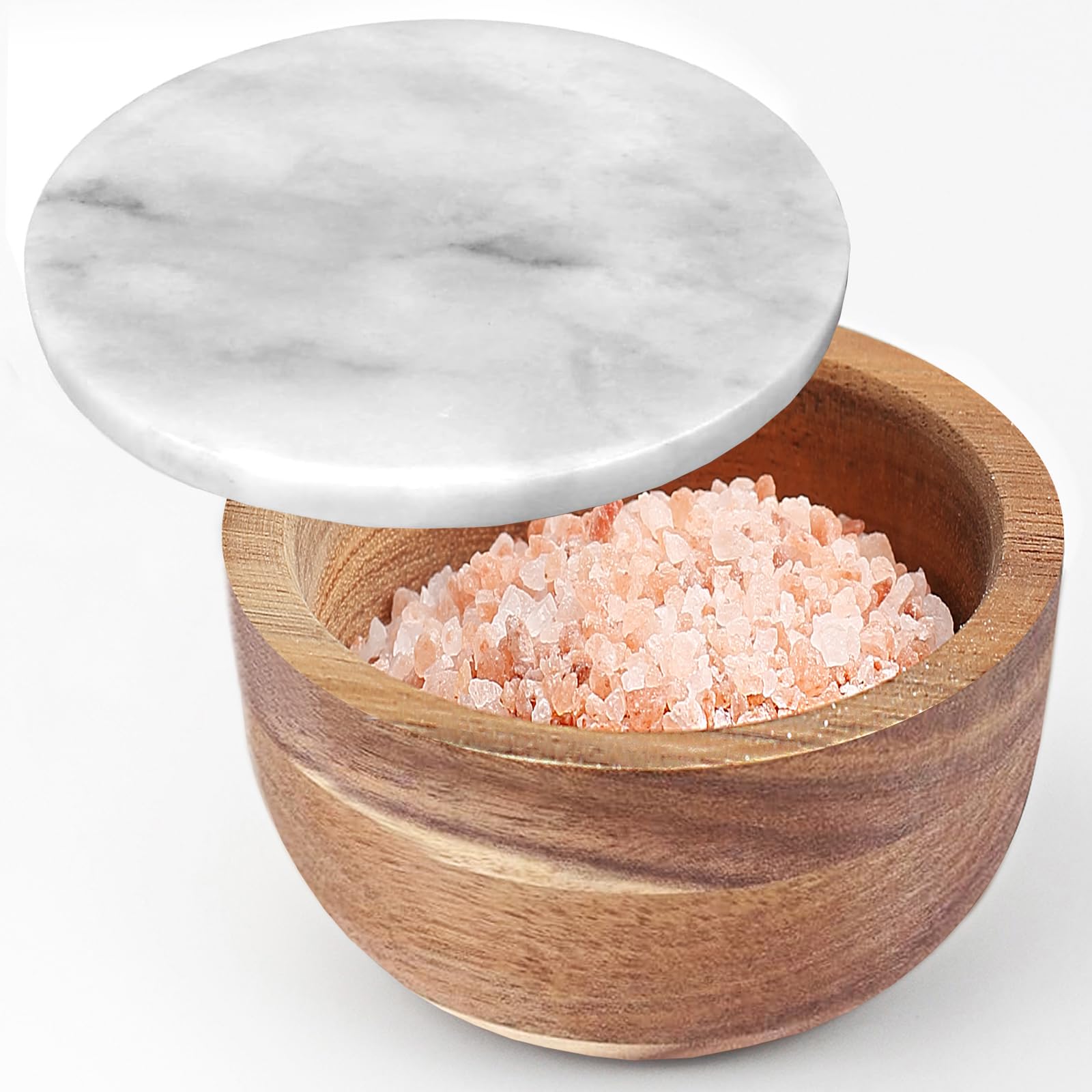 jalz jalz Salt Box Spice Pinch Pot Natural Acacia Wood Base Marble Lid Elegant Design Decorative Box