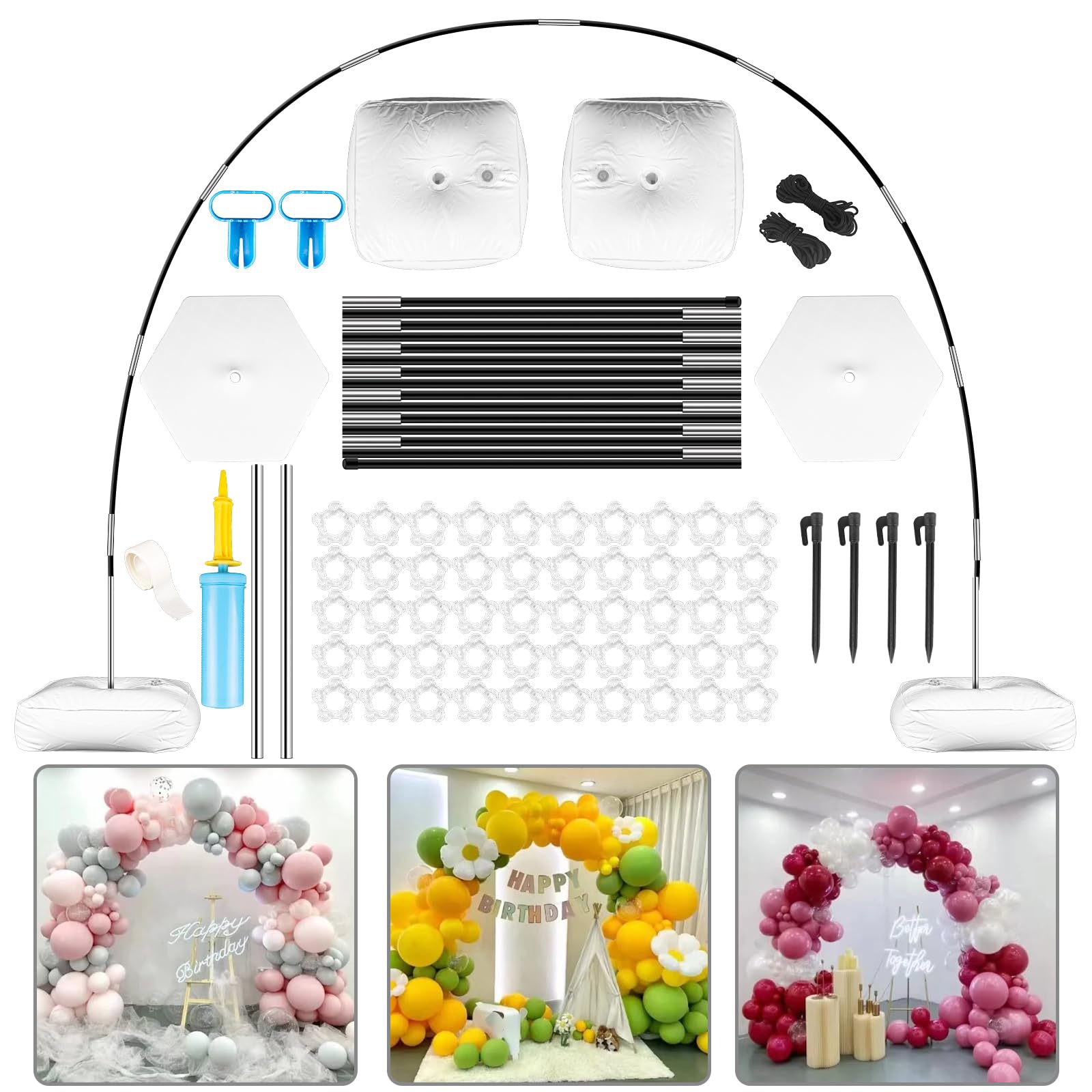 Reusable Balloon Arch Kit with Stand, Adjustable Balloon Arch Frame(2.7m high and 3m wide) with Water-fillable Base and Fibre Pole, Suitable for Weddings Graduations Birthdays Party Supplies Christmas