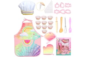 GIFTRRTOY Real Kids Cooking and Baking Set - 26 Pcs Kids Chef Role Play Costume Set Includes Rainbow Apron, Chef Hat, Cooking Mitt, Utensils, Cupcake Molds for Toddler Boys and Girls Ages 3+