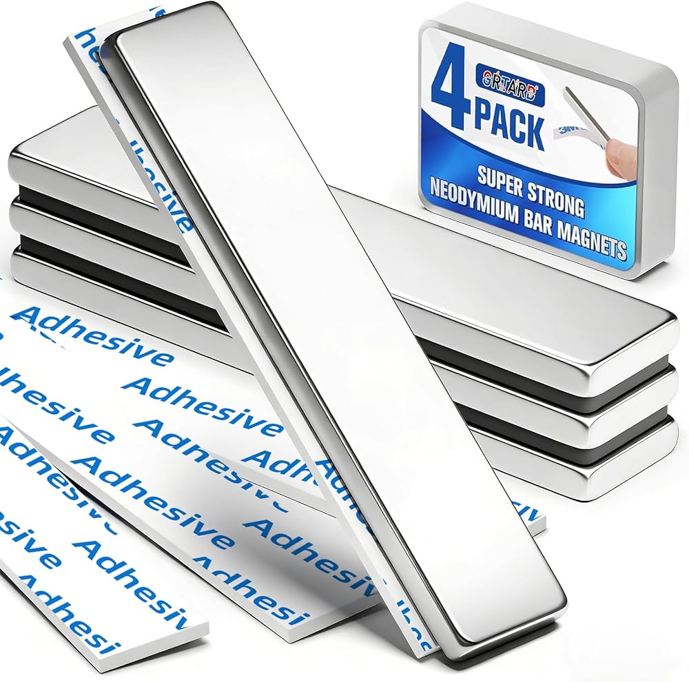 Grtard 4 Pack Neodymium Magnets 60x10x3 mm with Adhesive Double-Sided Strips