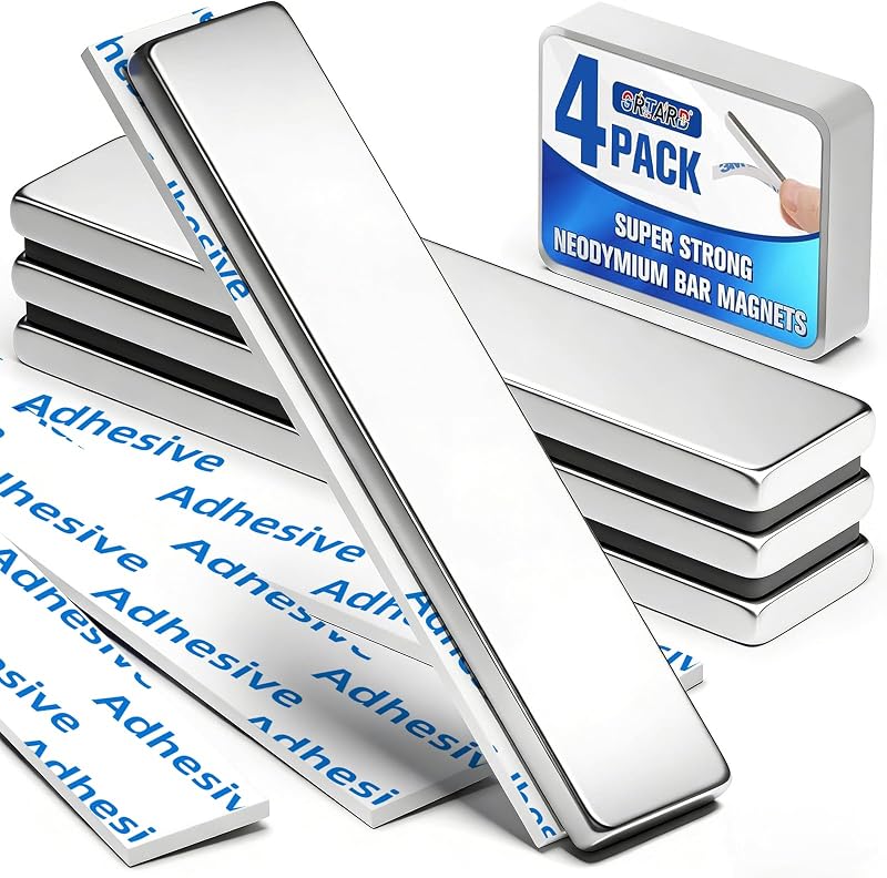 Grtard 4 Pack Neodymium Magnets 60x10x3 mm with Adhesive Double-Sided Strips