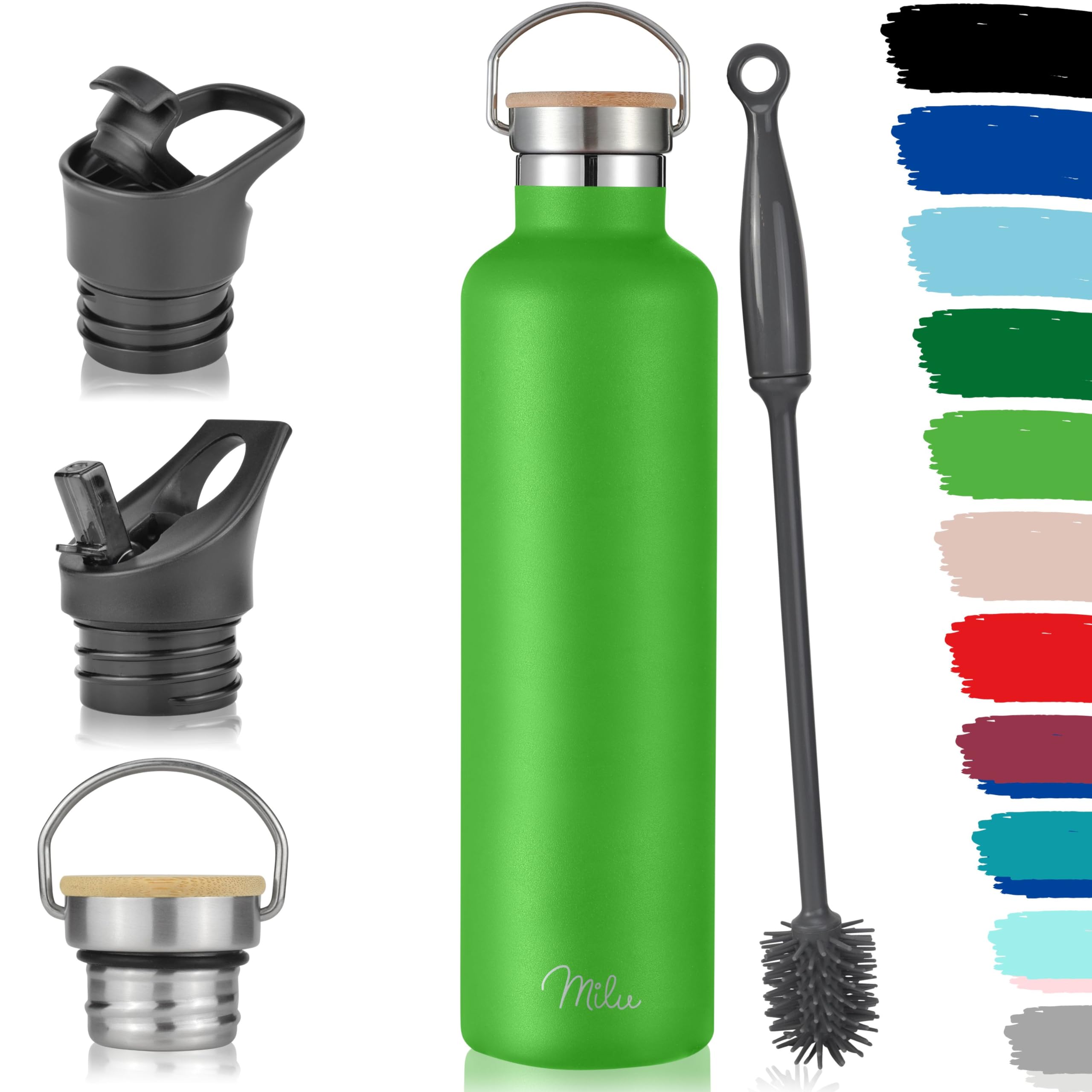 Milu Stainless Steel Drinking Bottle 350ml, 500ml, 750ml, 1l (+3 Lids) - Thermo Bottle with Straw, Water Bottle, for Hot, Cold & Carbonated Drinks (Apple Green, 1000ml)