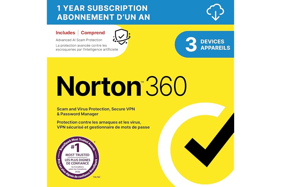 Norton 360 2026, Antivirus software for 3 Devices – Includes Advanced AI Scam Protection, VPN and PC Cloud Backup [Download]