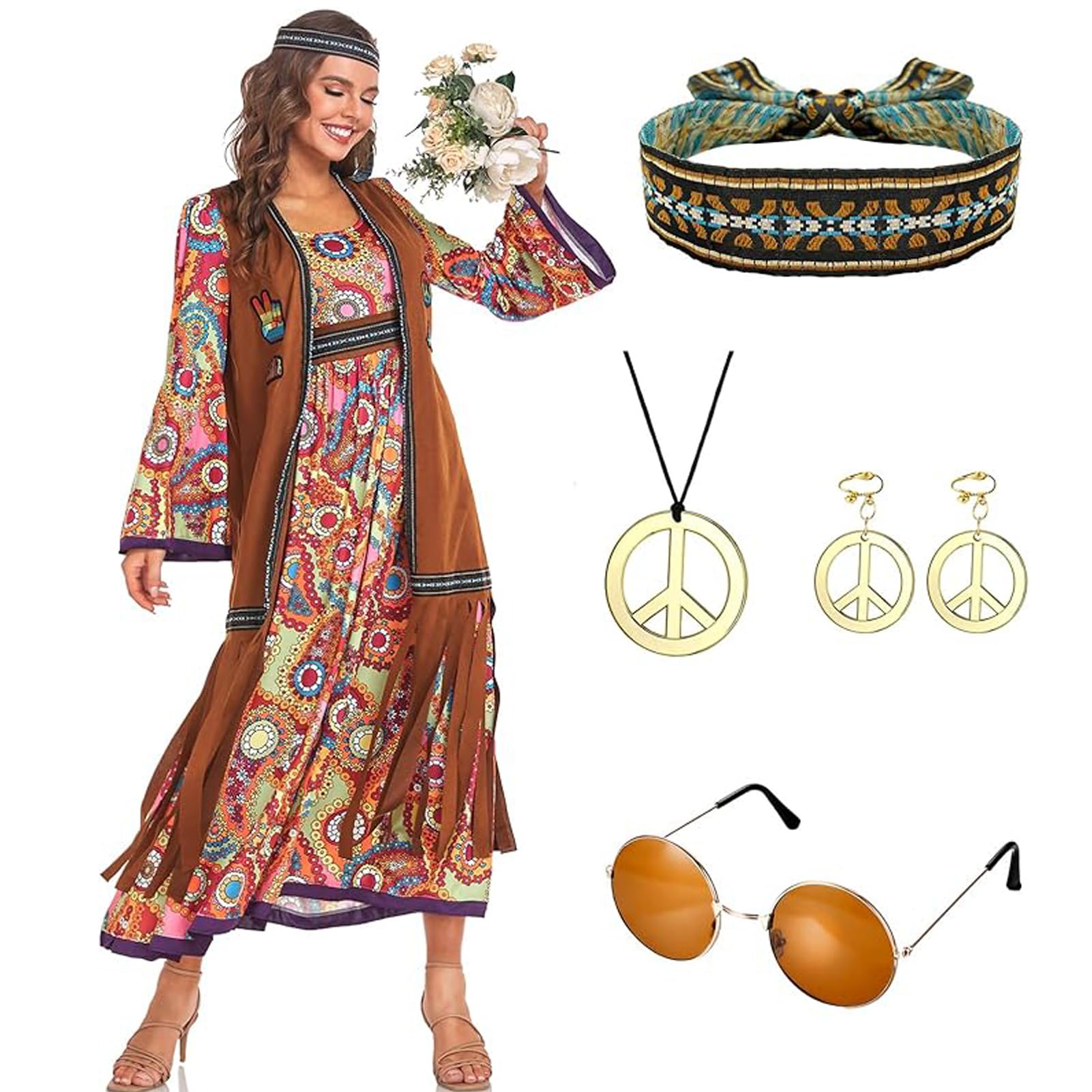 Antsparty 70s Fancy Dress Women, Long Hippie Costume Set with Fringe Vest Retro Dresses & 70s Accessories, 60s 70s Costumes Outfits for Hippie Disco Party