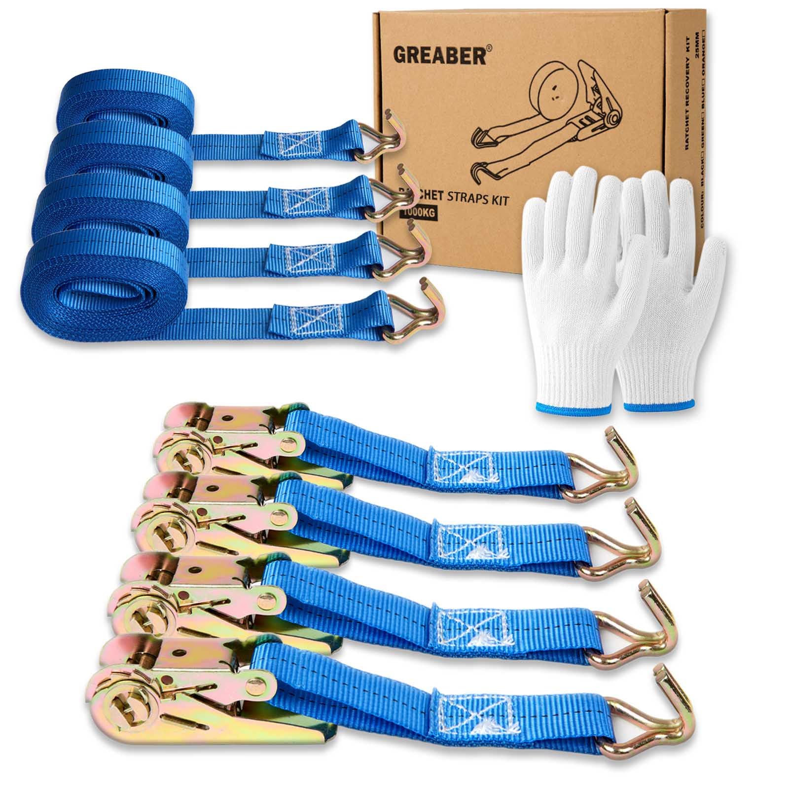 Ratchet Straps (4-Pack), with 1x Work Gloves, 1000kg Break Strength, 5m x 2.5cm Heavy Duty Tie Down Strap Set with Metal Hooks for Trucks,Moving,Motorcycles,Trailer,Cargo (Blue)