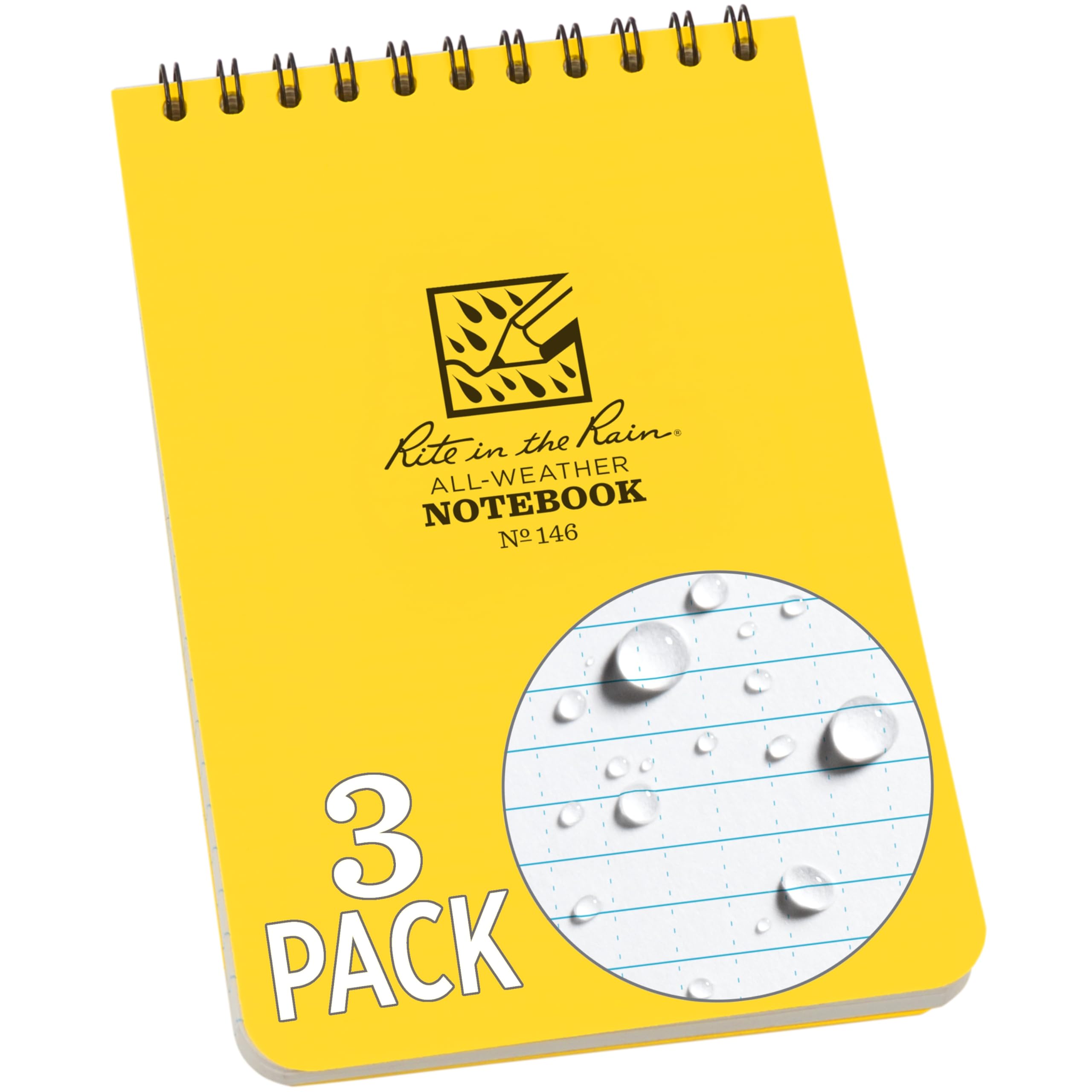Rite in the Rain Weatherproof Top Spiral Notebook, 4" x 6", Yellow Cover, Universal Pattern, 3 Pack (No. 146-3)