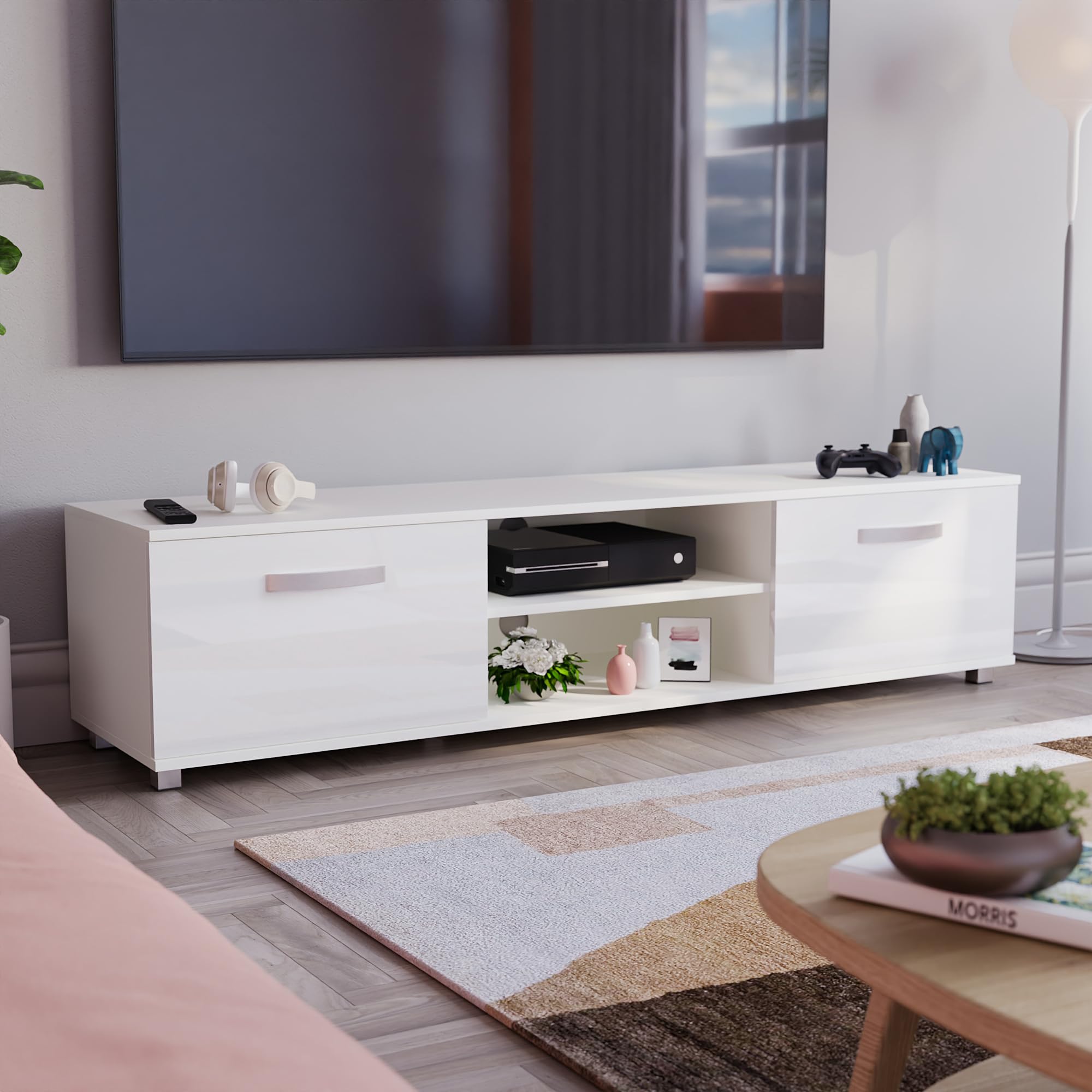 Vida Designs Cosmo TV Unit 2 Door Modern Gloss Matte MDF Living Room Cabinet Media Stand Furntiure White 160cm
