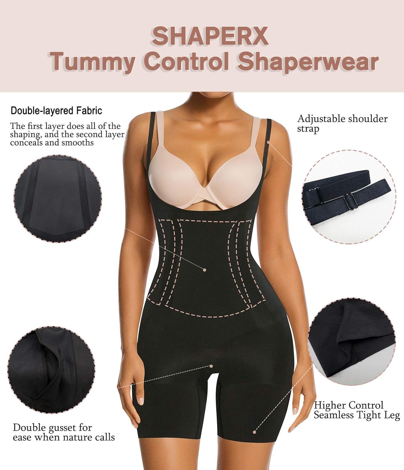 SHAPERX Tummy Control Shapewear for Women Seamless Fajas Bodysuit Open Bust Mid Thigh Body Shaper Shorts at  Women’s Clothing store