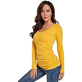 AmélieBoutik Women V Neck Raglan Long Sleeve Ruched Sides Top