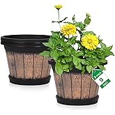 Quarut Plant Pots Set of 3 Pack 9 inch,Whiskey Barrel Planters with Drainage Holes & Saucer.Plastic Decor Flower Pots Imitation Wine Barrel Design,for Indoor & Outdoor Garden Home Plants (Brown)