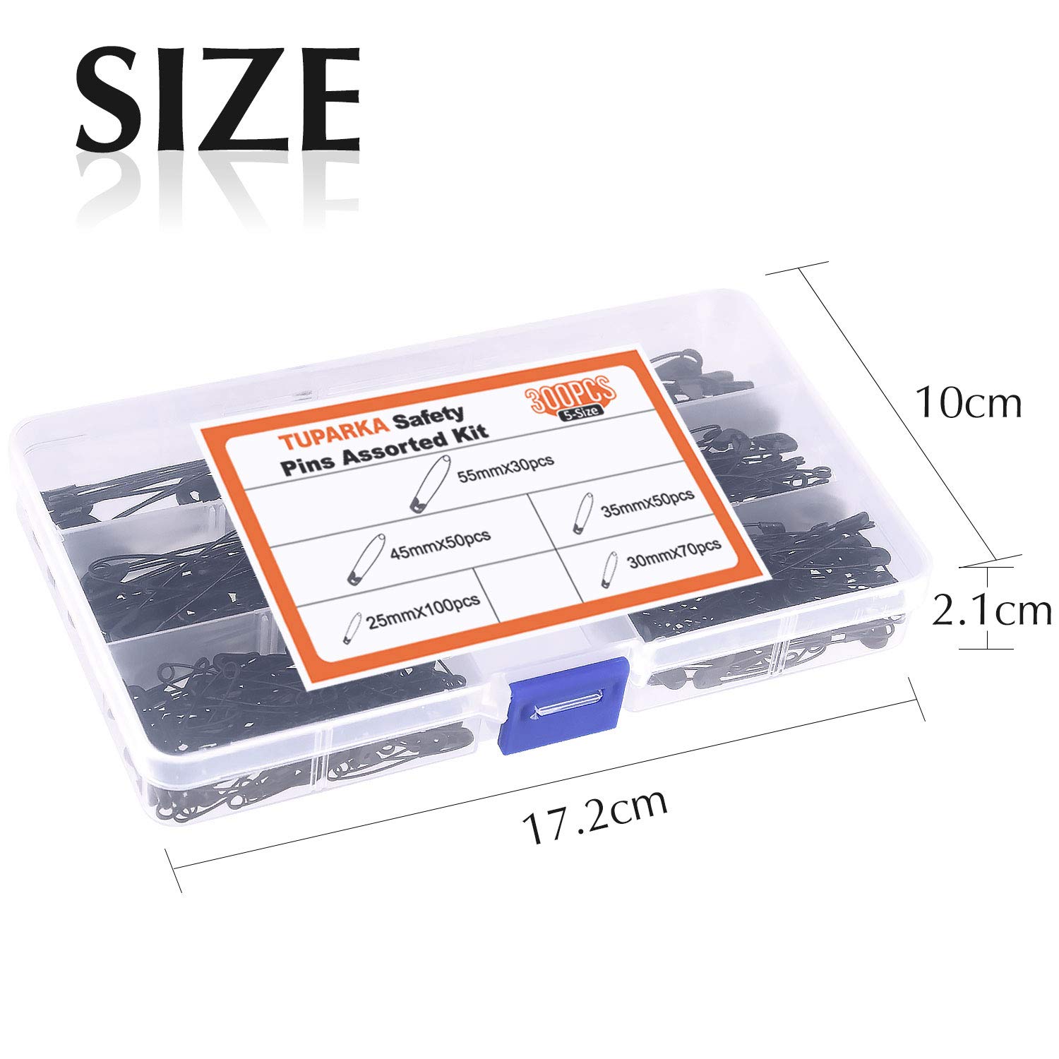 TUPARKA 5 Sizes Black Safety Pins Assorted 25-55mm Small and Large Safety Pins for Art Craft Sewing Jewelry Making in a PP Box (300 pcs)