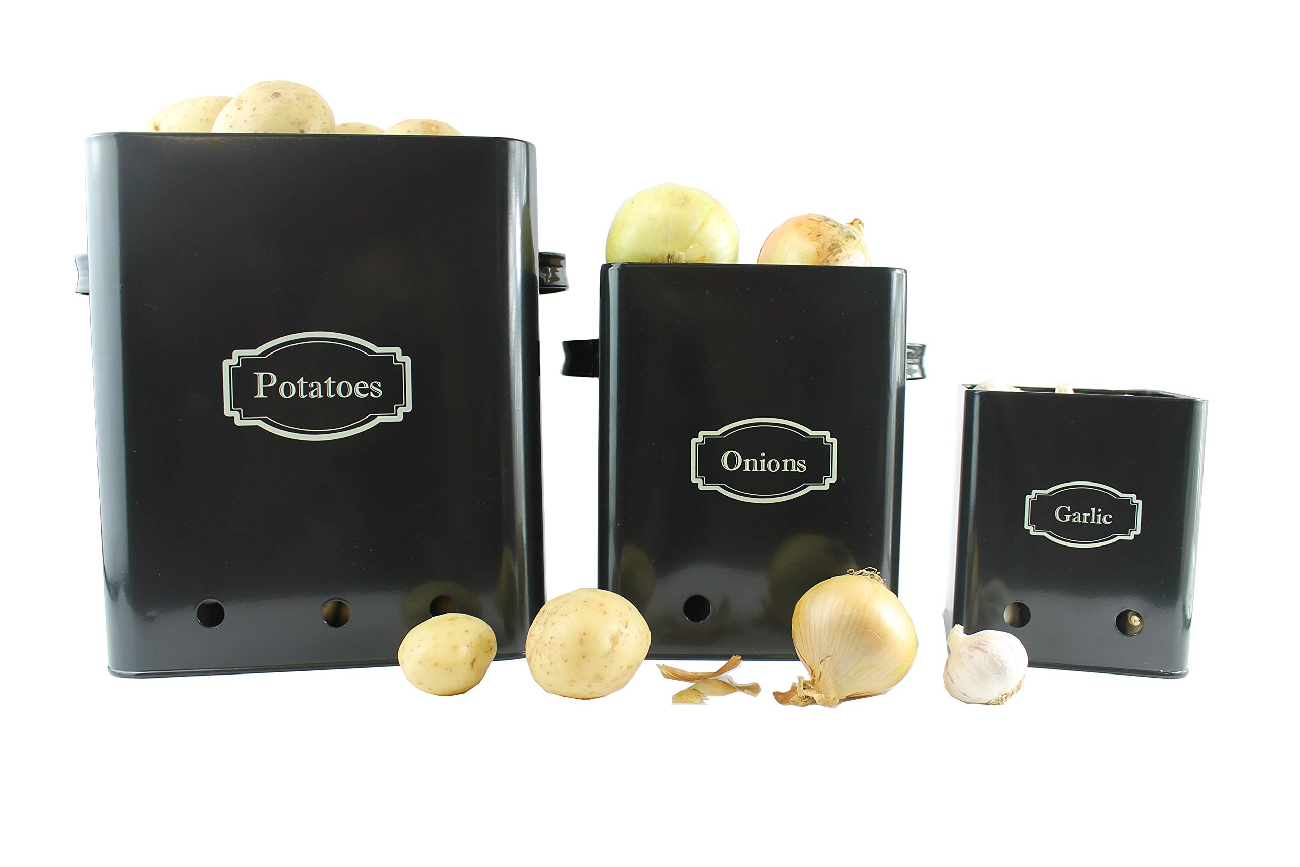 Gardening Naturally Black Kitchen Storage Tins, Set of 3 For Potatoes, Onion and Garlic