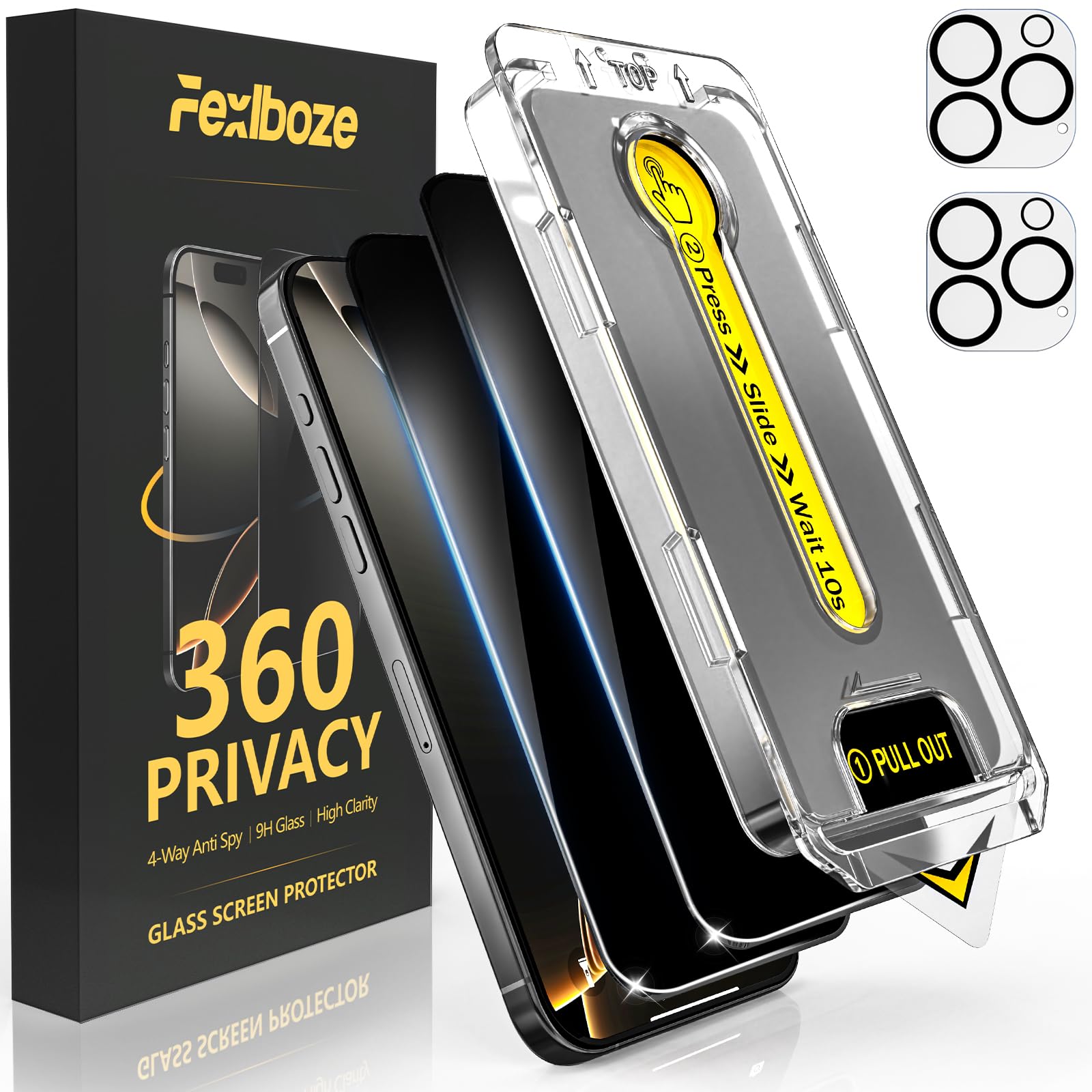 Photo 1 of Fexlboze [2+2 Pack 360 Degree Privacy Screen Protector for iPhone 15 Pro Max – [360° 4-Way Anti-Spy] [Auto Dust Removal] [Bubble-Free Installation] – Shatterproof Tempered Glass