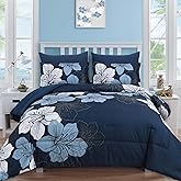 Luxudecor Navy Blue Comforter Set King Size, 7 Pieces Bed in a Bag Navy Blue Floral Comforter and Sheet Set, Soft Microfiber Complete Bedding Sets for All Seasons