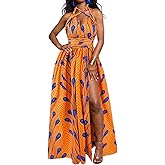 Vimoisa Women Sexy Boho African Long Maxi Dress V-Neck Multi-Way Pleated Floral Print Dresses