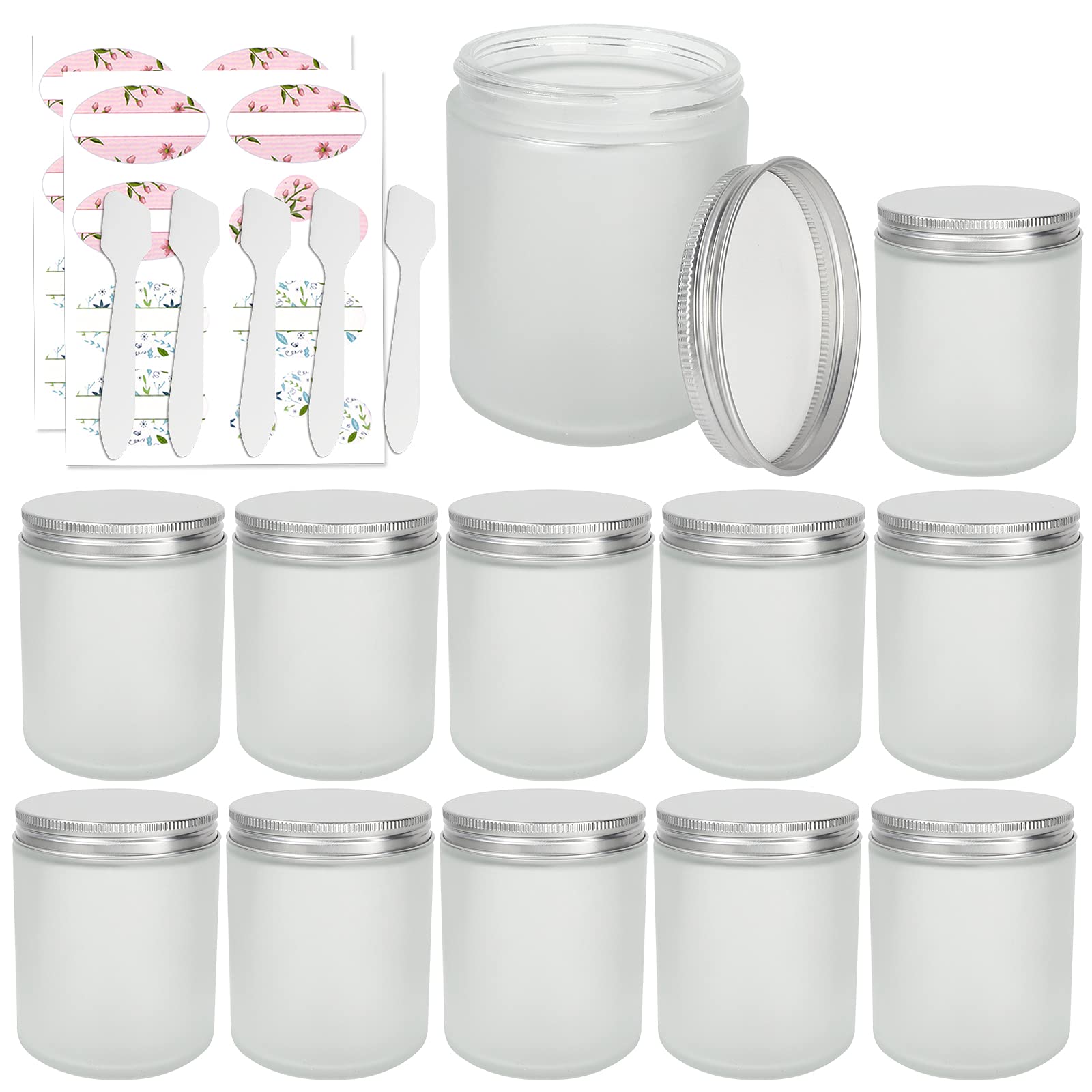 Photo 1 of 12 Pack 8 oz Round Frosted Glass Jars with Silver Metal Lids, 240ml Matte Clear Empty Candle Jars Cosmetic Jars Food Storage Containers, Canning Jars For Spice,Powder,Liquid,Sample,Face Cream Lotion