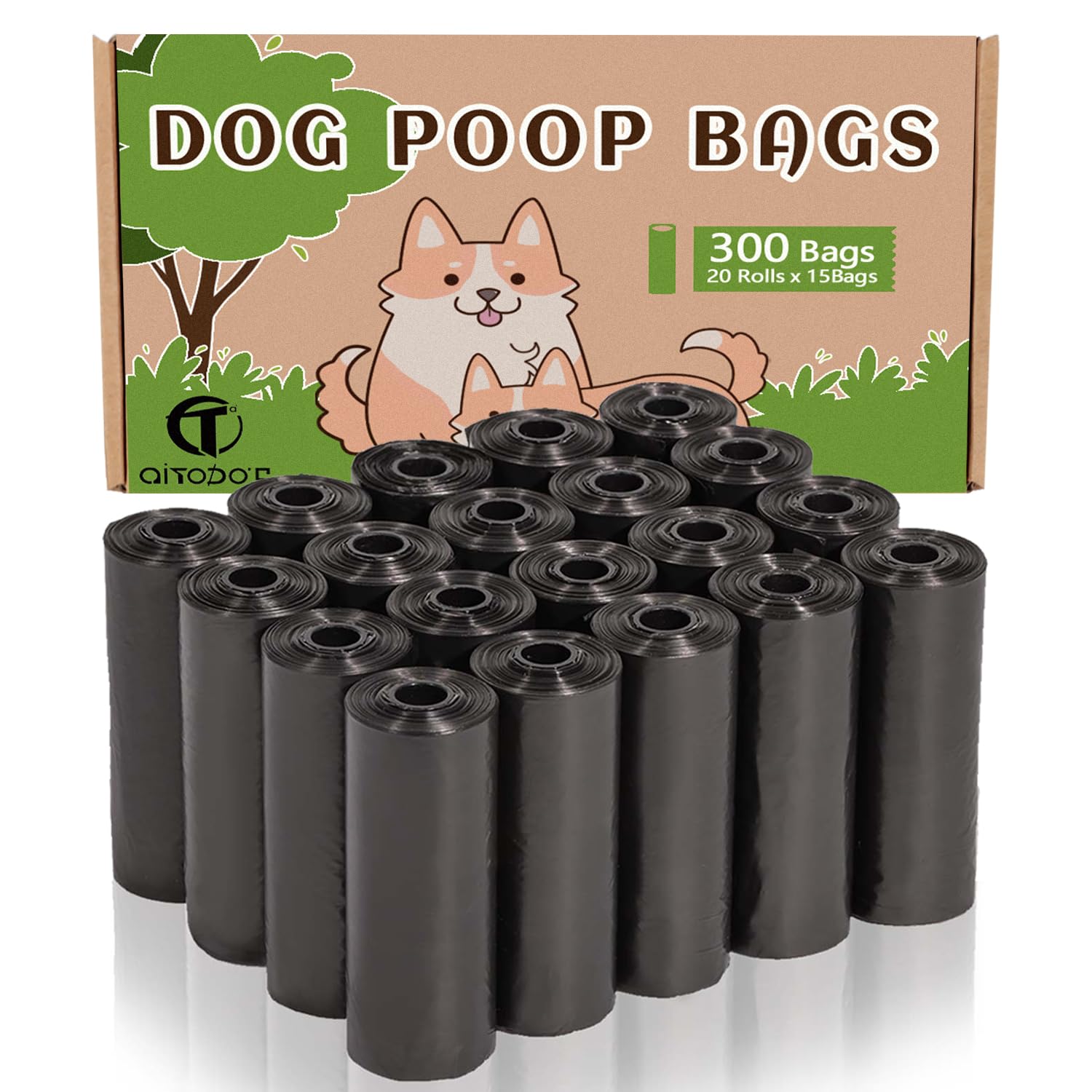 AiTodos® 300 Dog Poop Bags, Black, 31 x 22 cm, Poo Bag Dogs-Polyethylene Material(20 Rolls of 15 Counts)