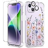 GVIEWIN for iPhone 14 Case Floral, with Screen Protector & Camera Lens Protector,[Non Yellowing] Soft Shockproof Clear Phone Protective Cover for Women, Flower Pattern Design 6.1"(Mallow/Colorful)