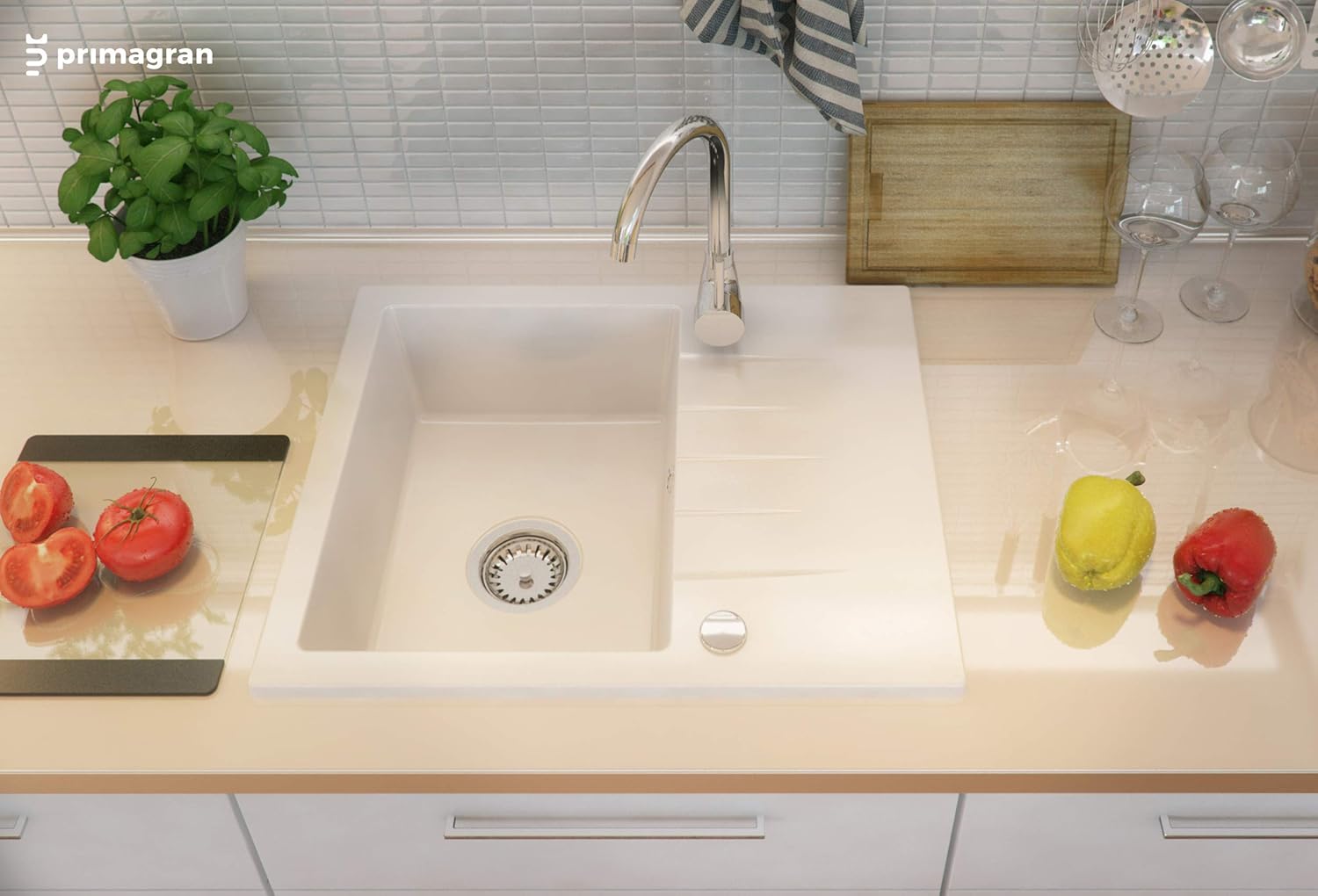 Cuisines Et Salles De Bain Eviers De Cuisine Evier De Cuisine En Granit A Encastrer Milan 1 Bac Avec Un Petit Egouttoir Blanc Pour Les Meubles A Partir 45cm Inclus Siphon Classique