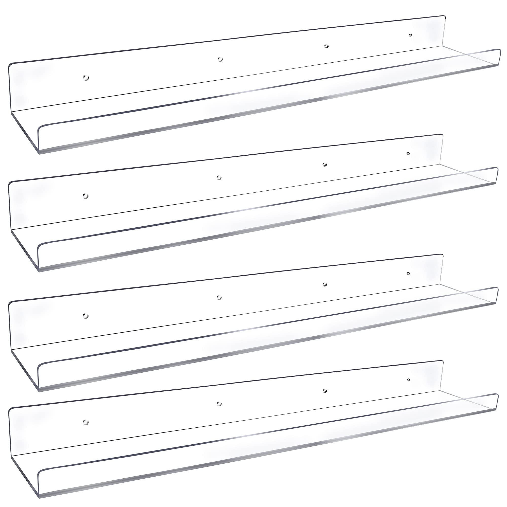 Febwind 4 Pack 24-Inch Long Clear Acrylic Floating Shelves U Shape Wall Shelf for Book Display Makeup Product Spice Organizer