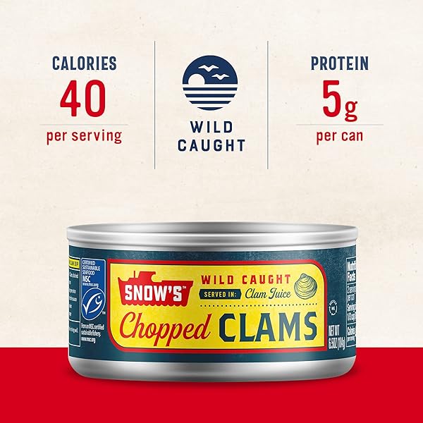SNOW’S WILD CAUGHT CHOPPED CLAMS CANNED, 6.5 OZ CAN (PACK OF 12) – 5G PROTEIN PER SERVING – KETO FRIENDLY, 99% FAT FREE