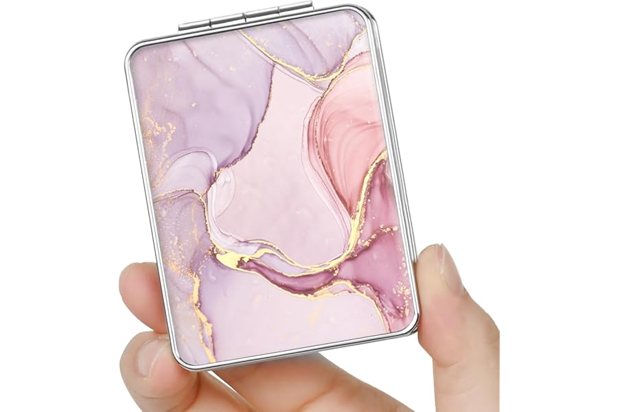 dcdcee Pocket Mirror, Small Travel Mirror with Magnification, Portable Double-Sided Magnifying Cosmetic Mirror for Daily (Pink Marble)