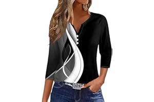 EKIYVO 3/4 Length Sleeve Womens Tops Casual Loose Fit Henley Neck T Shirts Cute Print Three Quarter Length Tunic Tops