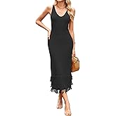 Cakulo Womens Summer Maxi Crochet V Neck Dresses 2025 Sundresses Long Bodycon Sleeveless Vacation Beach Dress
