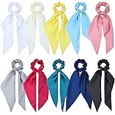 Lawie 10 Pack Colorful Solid Satin Long Hair Ribbons Knotted Hair Bows Long Tails Scrunchies Scarf Hair Ties Headbands Elastics Rubber Hairbands Scrunchie Ponytail Holders Accessories for Women Girls