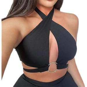 Womens Sexy Bra Halter Crop Tops Rave Bra Top Strappy Halter Triangle Bralette Cami Tanks Wrap Around Bandeau Bra Black