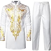 LucMatton Men's African Attire 2 Piece Set Gold Foil Print Mandarin Collar Long Sleeve Shirt and Pants Suit Dashiki Outfit