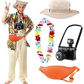VioraWhite 4 Pcs Adult Tacky Tourist Costume Set for Halloween Traveler | Funny Tourist Outfit for Men, Camera Hat Garland Fanny Pack, Hawaiian Summer Beach Luau Party, Halloween Dress up, Photo Prop