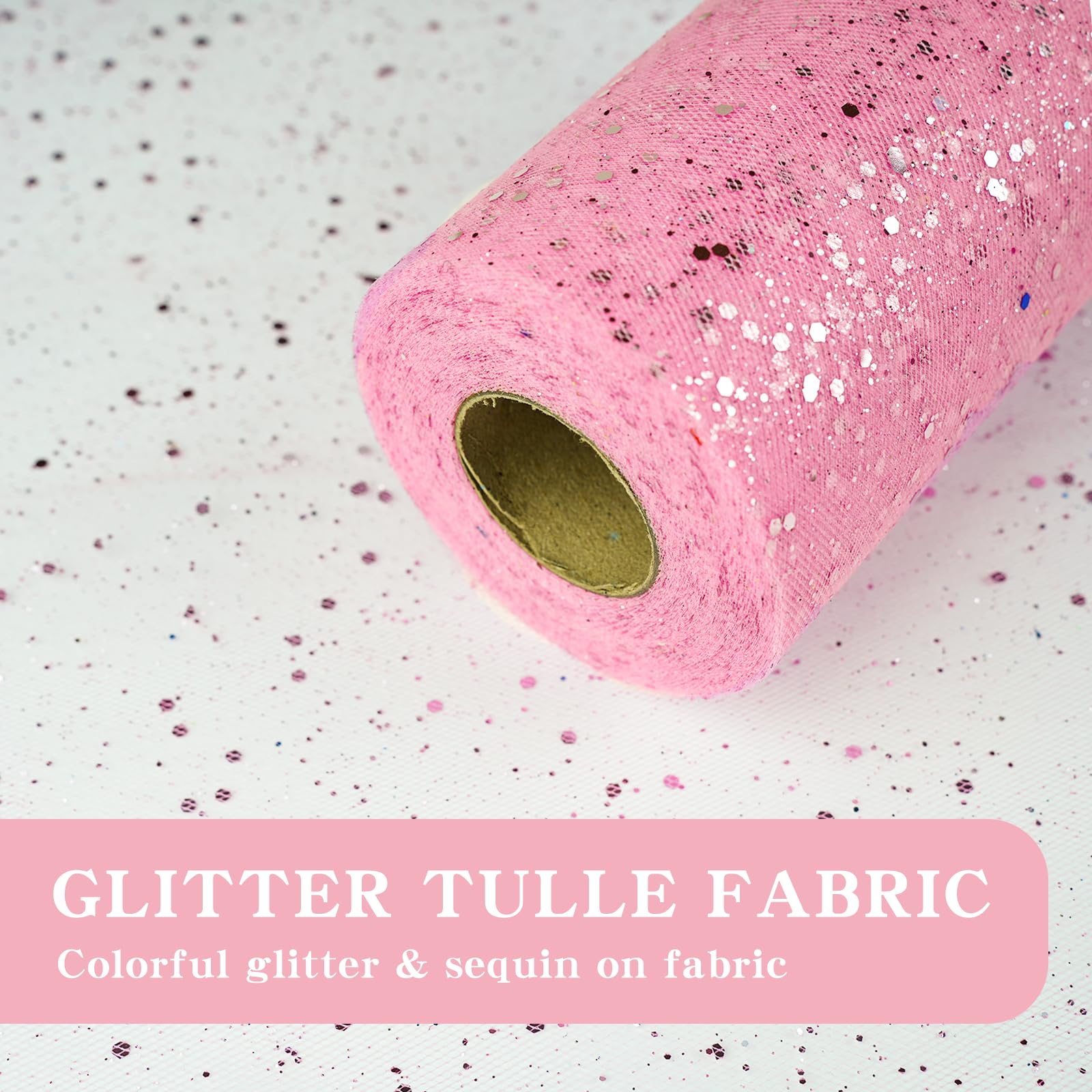 Glitter Tulle Rolls, 6” by 50 Yards (150FT) Sparkling Tulle Spool Ribbon Sequin Tulle Netting Fabric for Tutu Skirt Wedding Birthday Baby Shower (Pink)