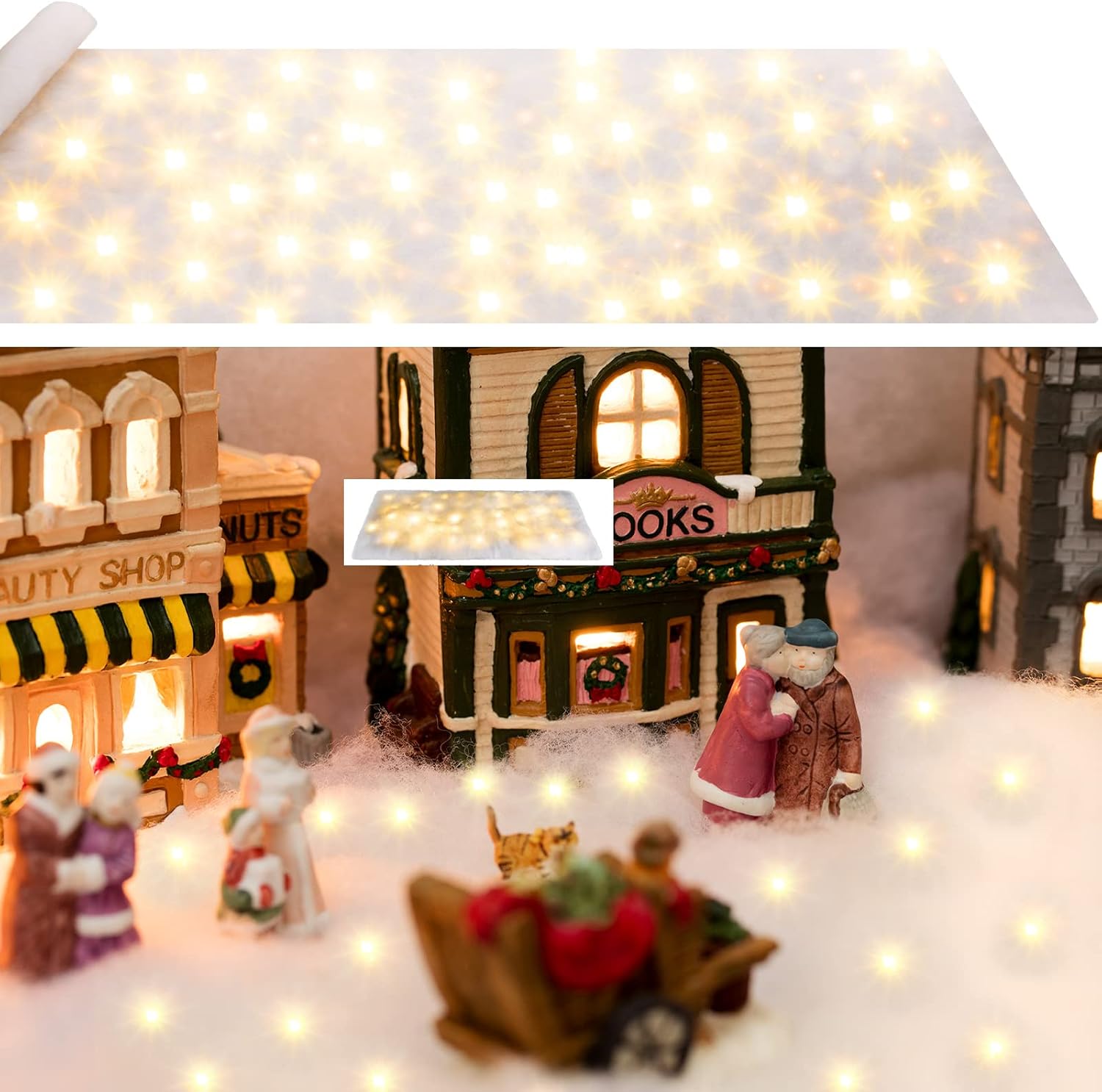 Artificial Snow - Christmas Snow Blanket with LED Lights Christmas Table Blanket Snow Christmas Village Decorations Table Runner with Lights Snow Cover Blanket White Non Woven Fabric for Table Decor (8 Set,3 x 8 Ft)