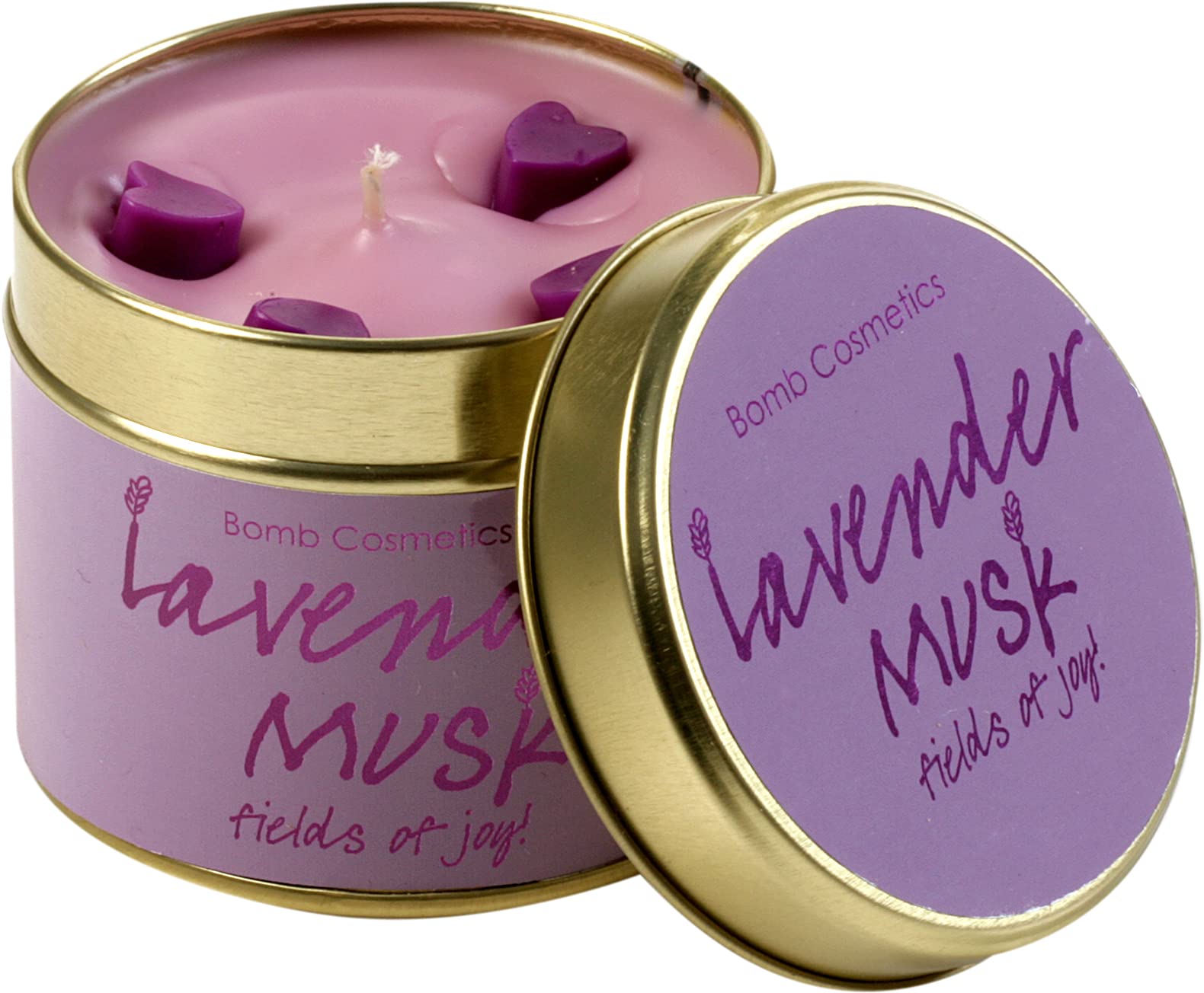 Bomb Cosmetics Lavender Musk Scented Tin Candle; Contains Pure Lavender & Marjoram Essential Oils; Vegan Friendly; 30-35 Hour Burn