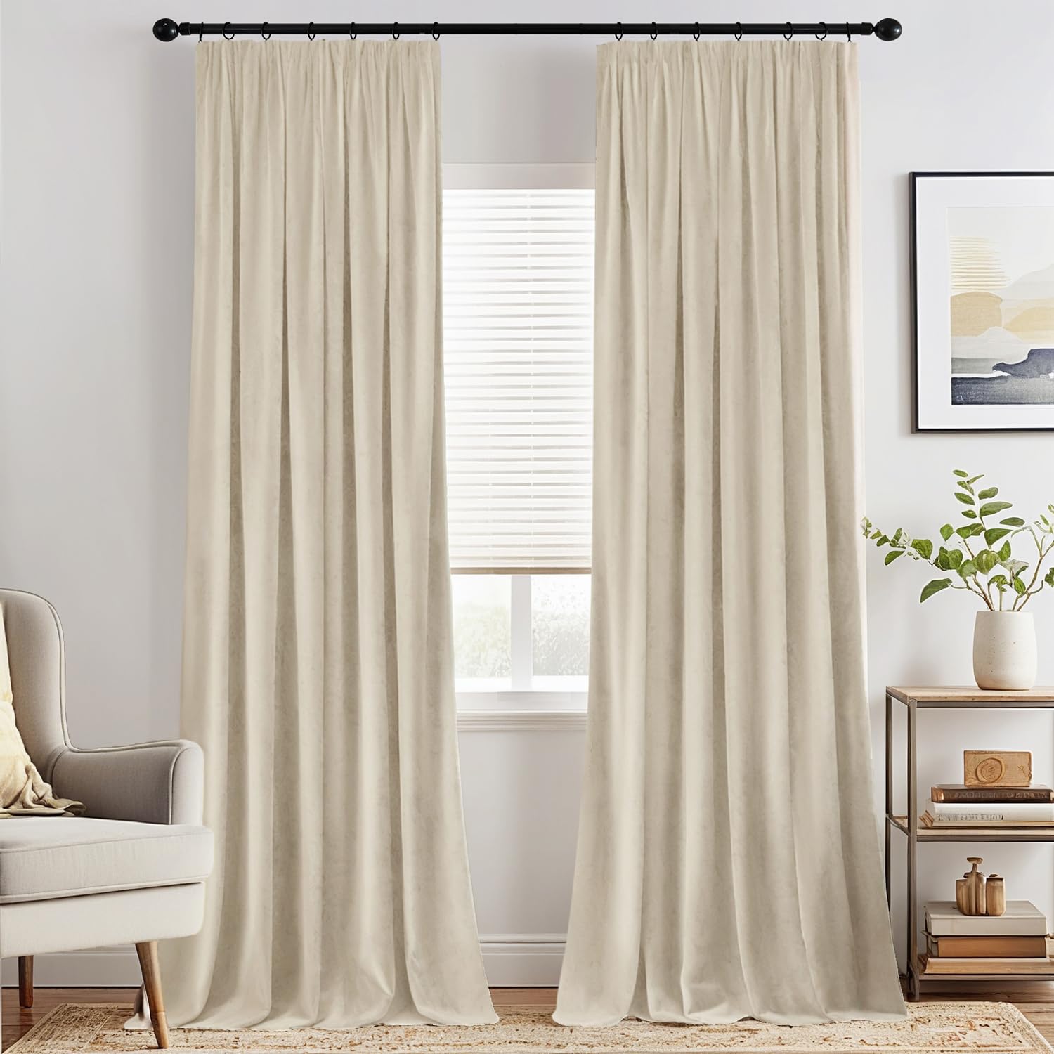 MIULEE Beige Velvet Pencil Pleat Darkening Curtains for Bedroom 2 Panel Set, Super Soft Luxury Home Decor Living Room, Thick Room Darkening Curtains 90 Drop, Each 46 x 90 Inche