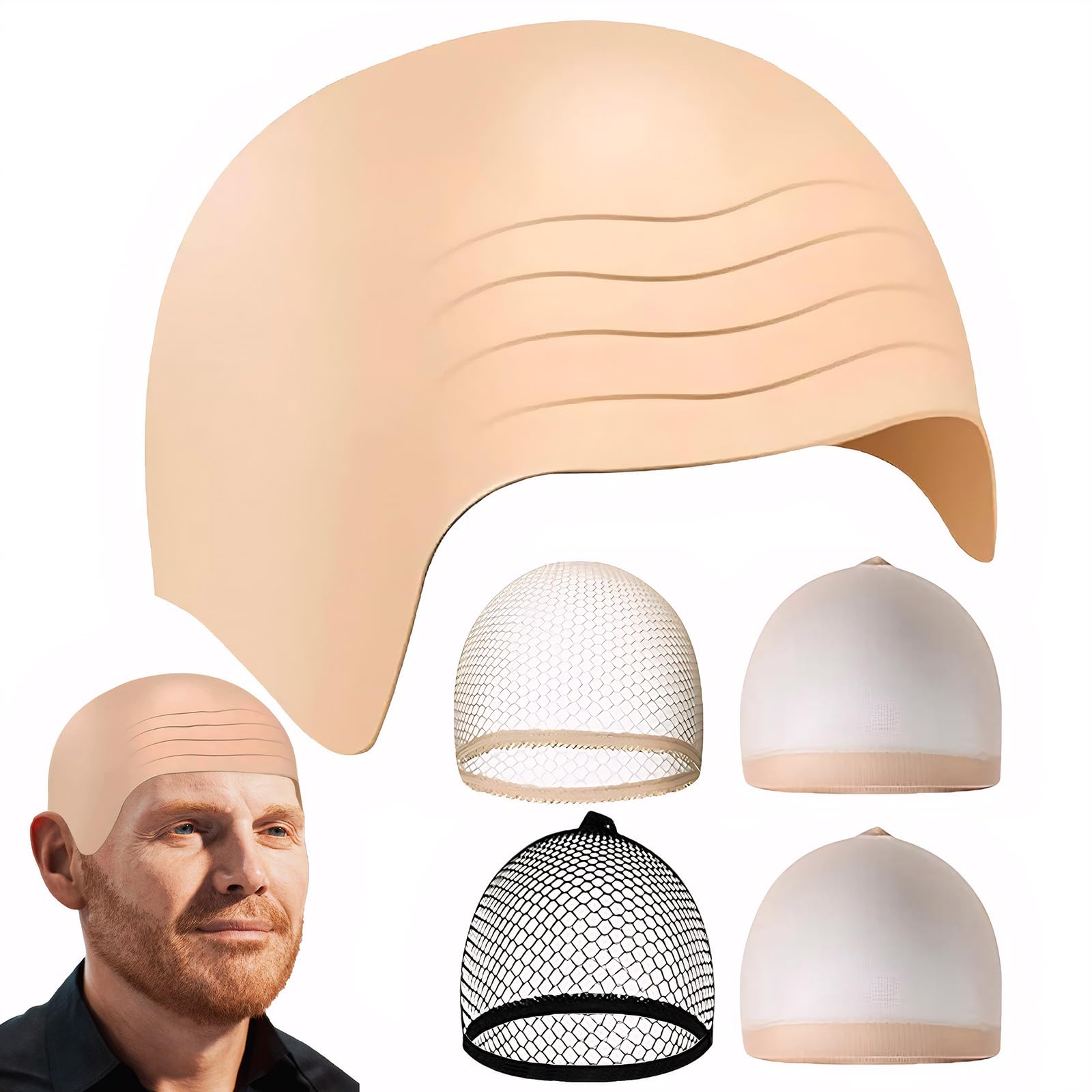 4 Pack Adult Bald Cap Kids Wig - Realistic Shape, Reusable, Suitable for Wigs, Makeup, Halloween Role-Playing Costume Accessories, with 3 Hair Nets