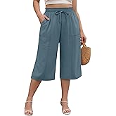 Ficerd Women's Plus Size Linen Capris with Pockets Wide Leg Elastic Drawstring High Waisted Beach Casual Loose Cropped Pants