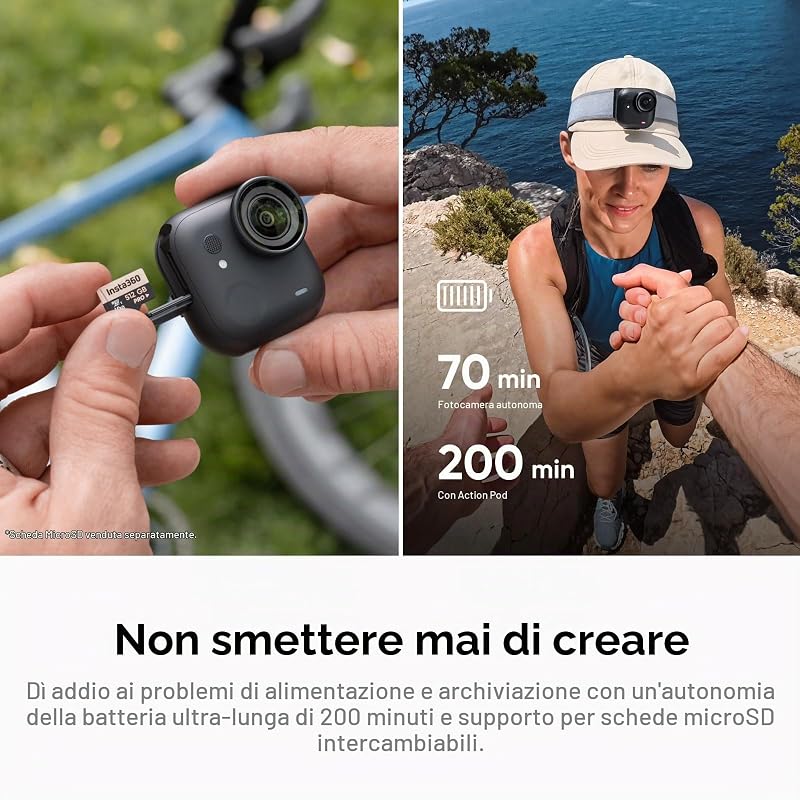 GO Ultra Nero- Mini action cam 4K, vlog camera, fotocamera POV a mani libere, sensore 1/1,28″, pockect cam 53 g, FOV 156°, autonomia 200 min, indossabile (Ricondizionato)