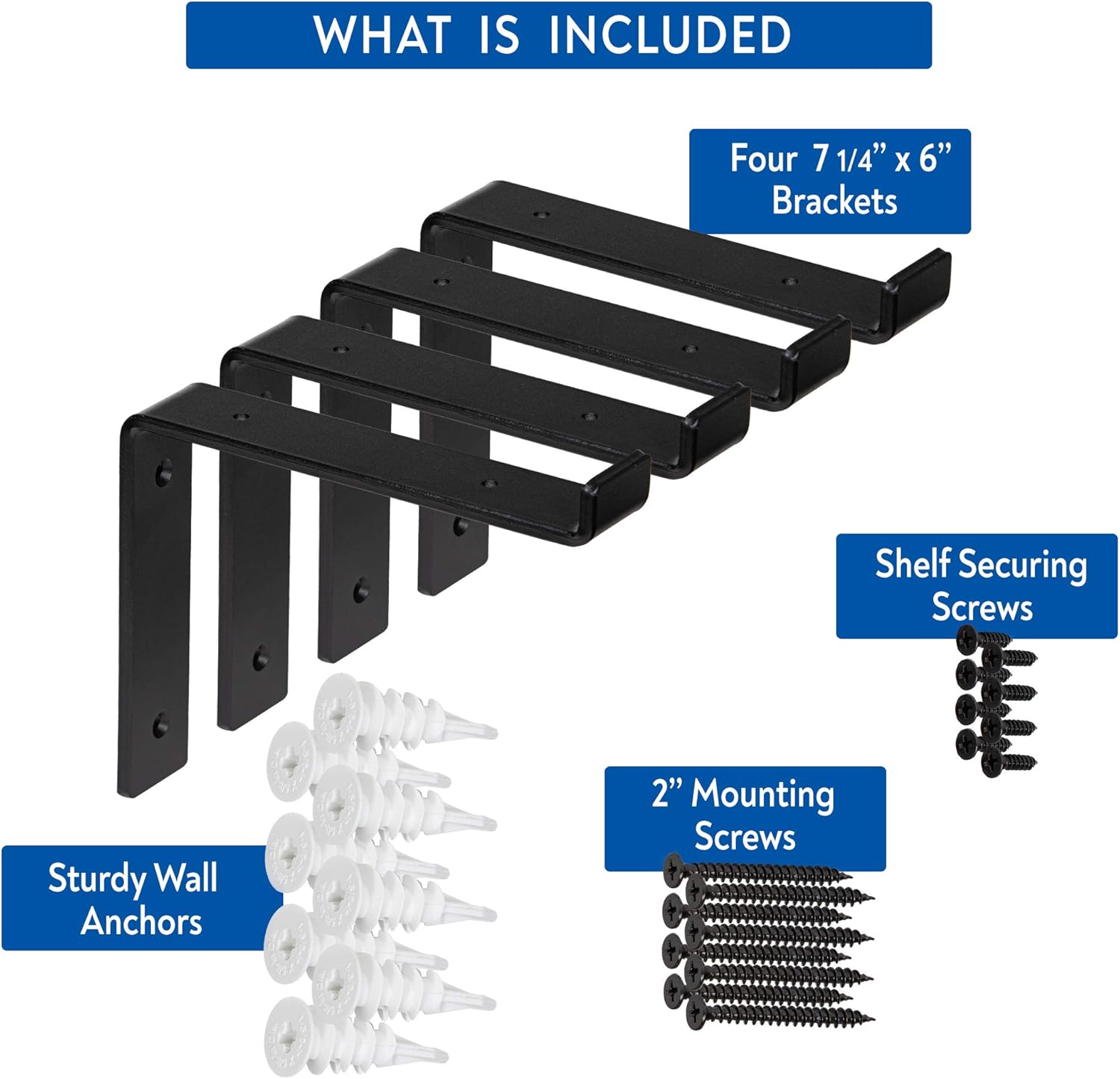 1/4" Thick Heavy-Duty Shelf Brackets - Rustic Modern Farmhouse Iron Metal Wall Floating Brace Support with Lip for DIY Open Shelving - Includes Hardware - Multiple Sizes Available 4-PK (7.25"): Home Improvement