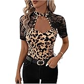 SweatyRocks Women's Short Sleeve Mock Neck Cut Out Sheer Lace Tee Shirts Top
